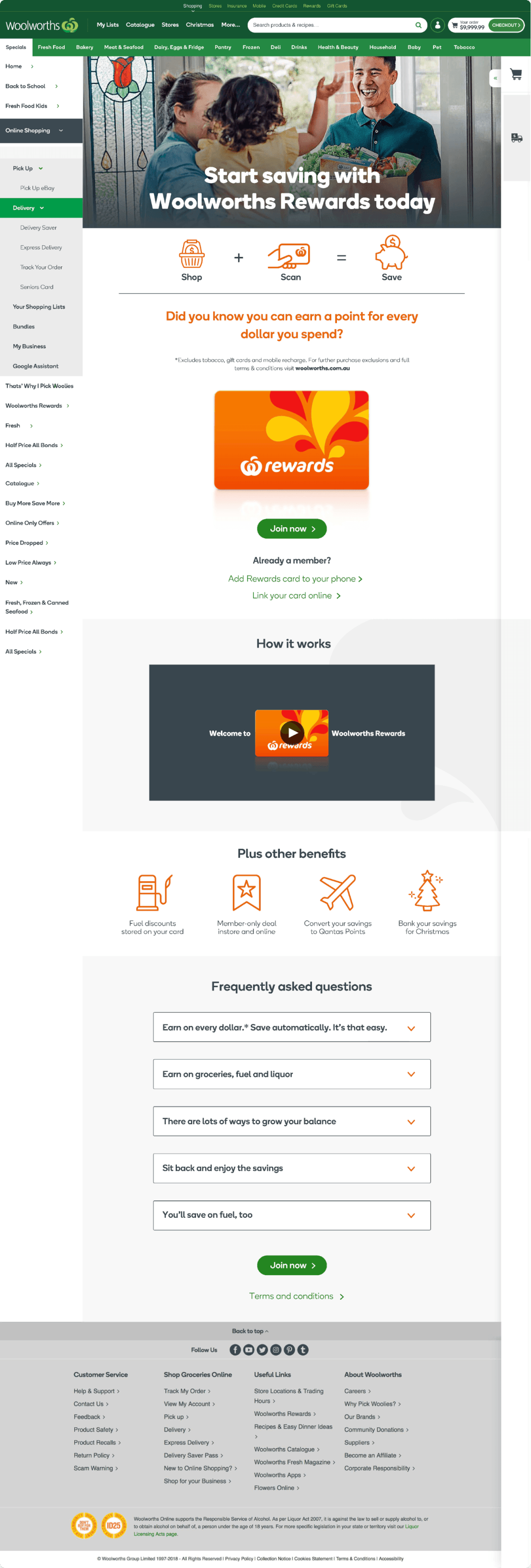 Woolworths Rewards webpage showing benefits, how to earn points by shopping and scanning, and options to join or link your card.