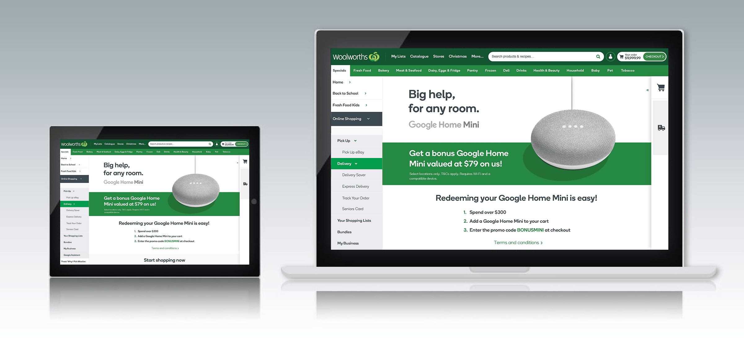 Woolworths website displayed on a tablet and laptop promoting a bonus Google Home Mini offer with instructions for redemption.