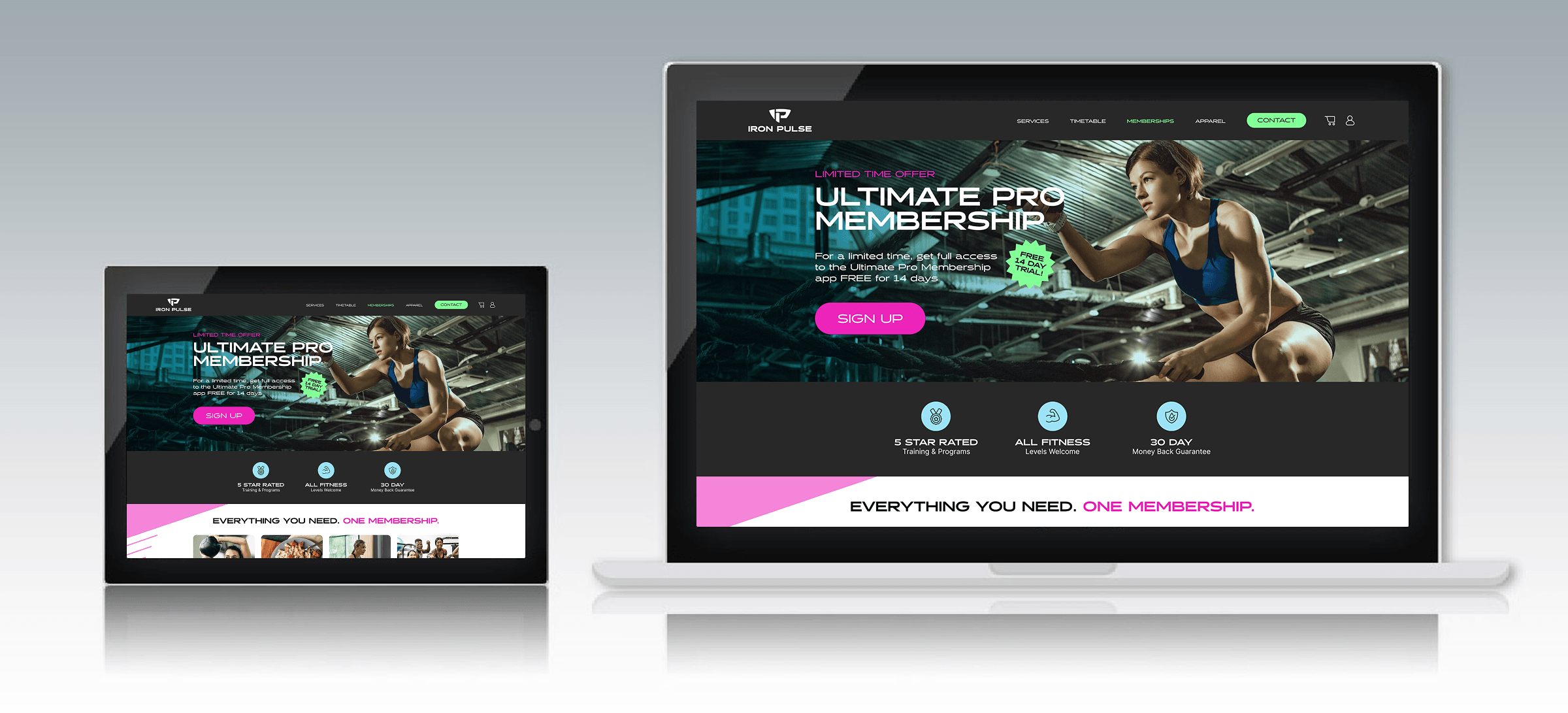 Website homepage for Iron Pulse showing Ultimate Pro Membership promotion with a fit woman in workout gear rowing indoors, displayed on a tablet and laptop screens.