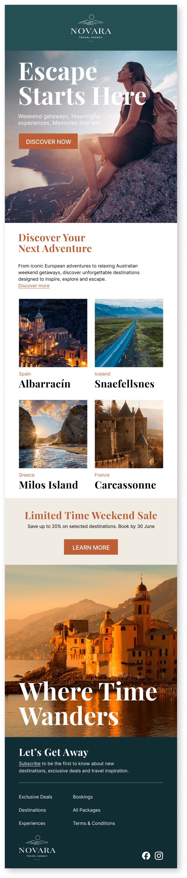 Novara travel ad with woman overlooking scenic valley and pictures of European destinations.