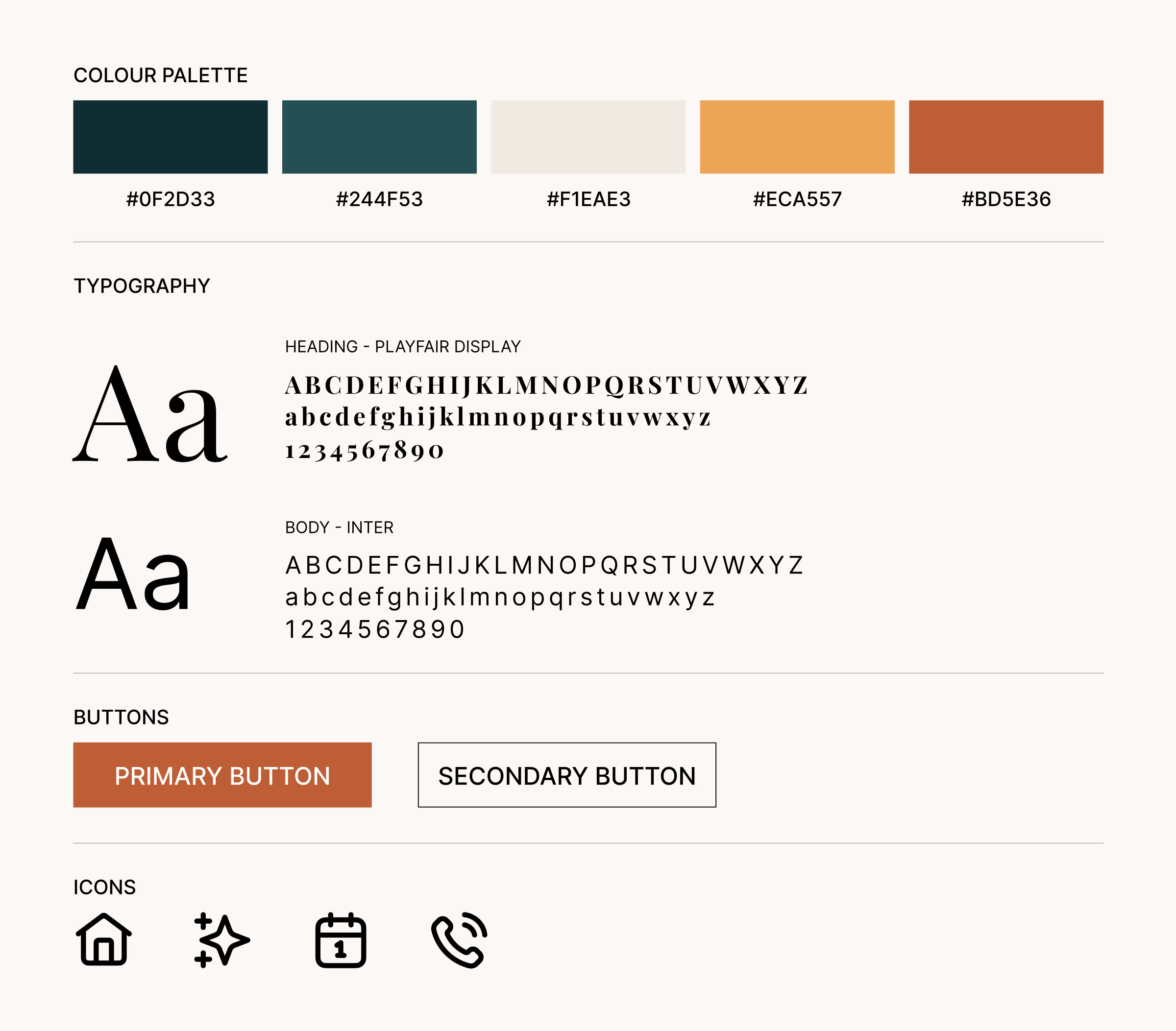 Travel brand style guide with color palette, Playfair Display heading font, Inter body font, button styles, and icons.