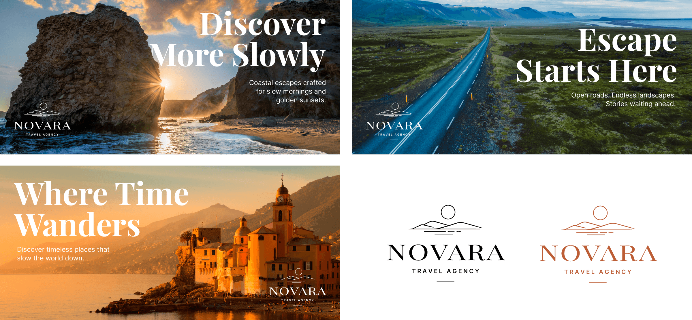 Collage of travel scenes: sunset beach, open road, and coastal town at dusk with Novara Travel Agency logos.