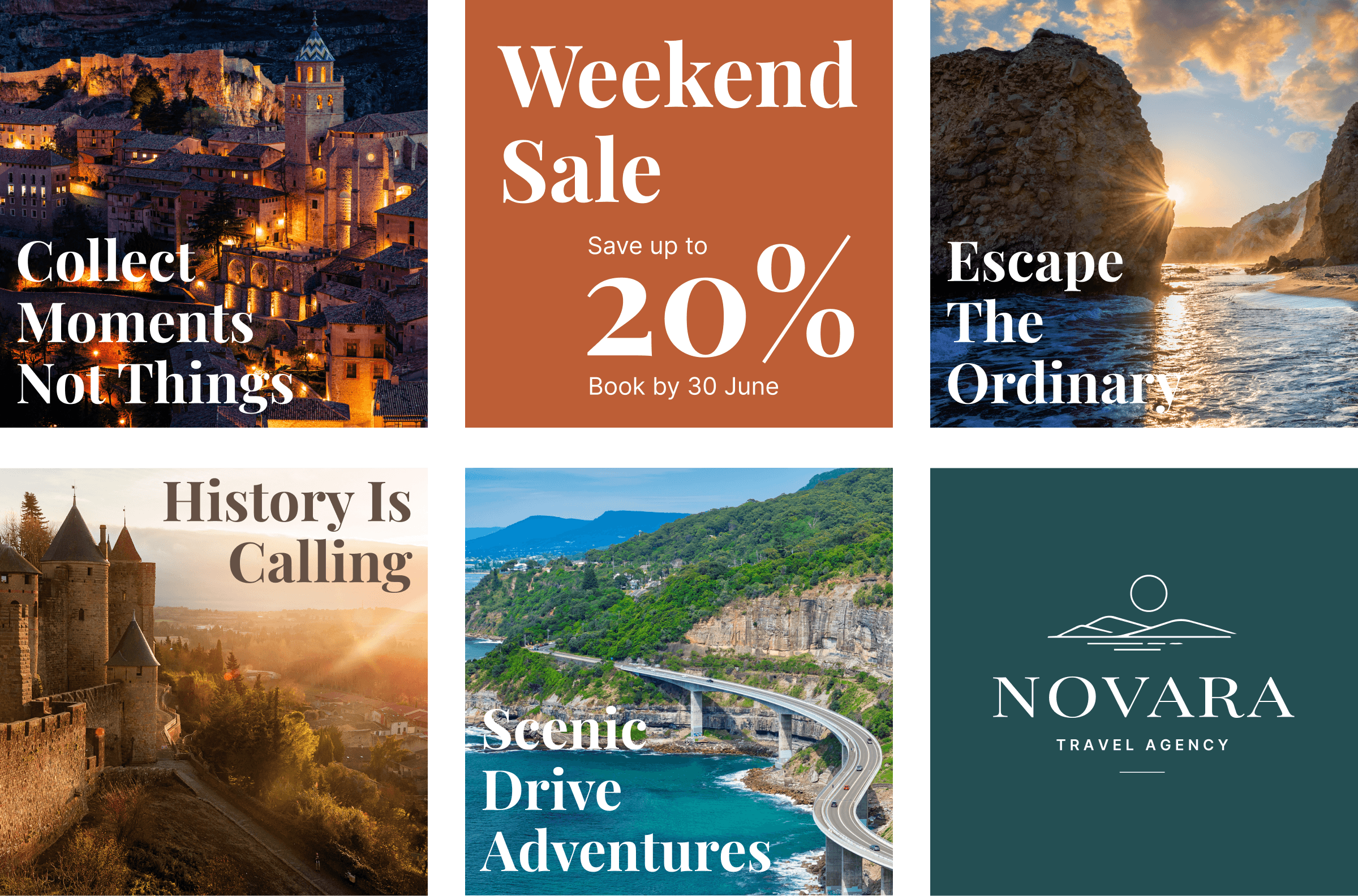 Six travel-themed images with messages and a bridge, castle, sunset, and a travel agency logo.