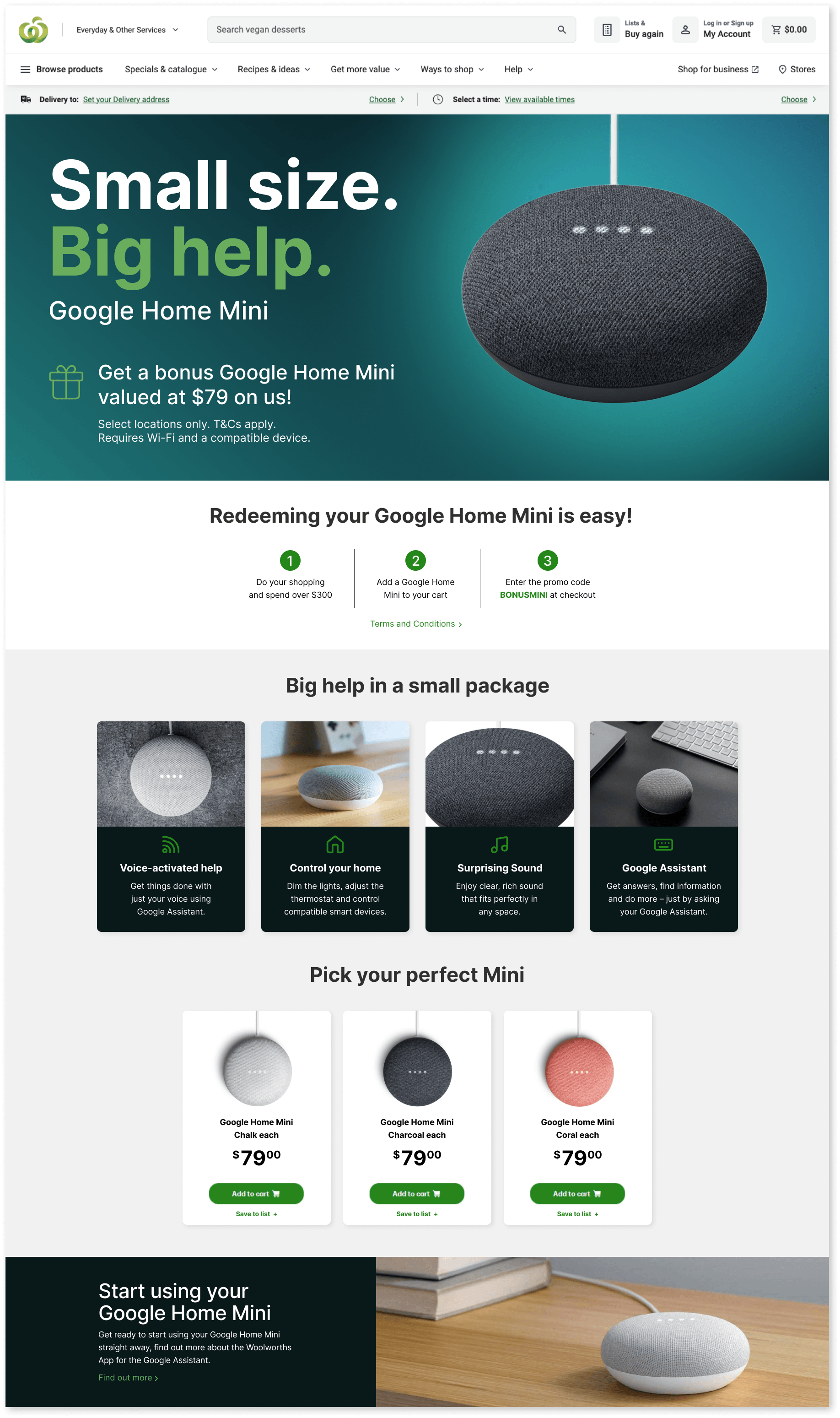 Google Home Mini smart speaker with promotion and shopping details on a Woolworths webpage.
