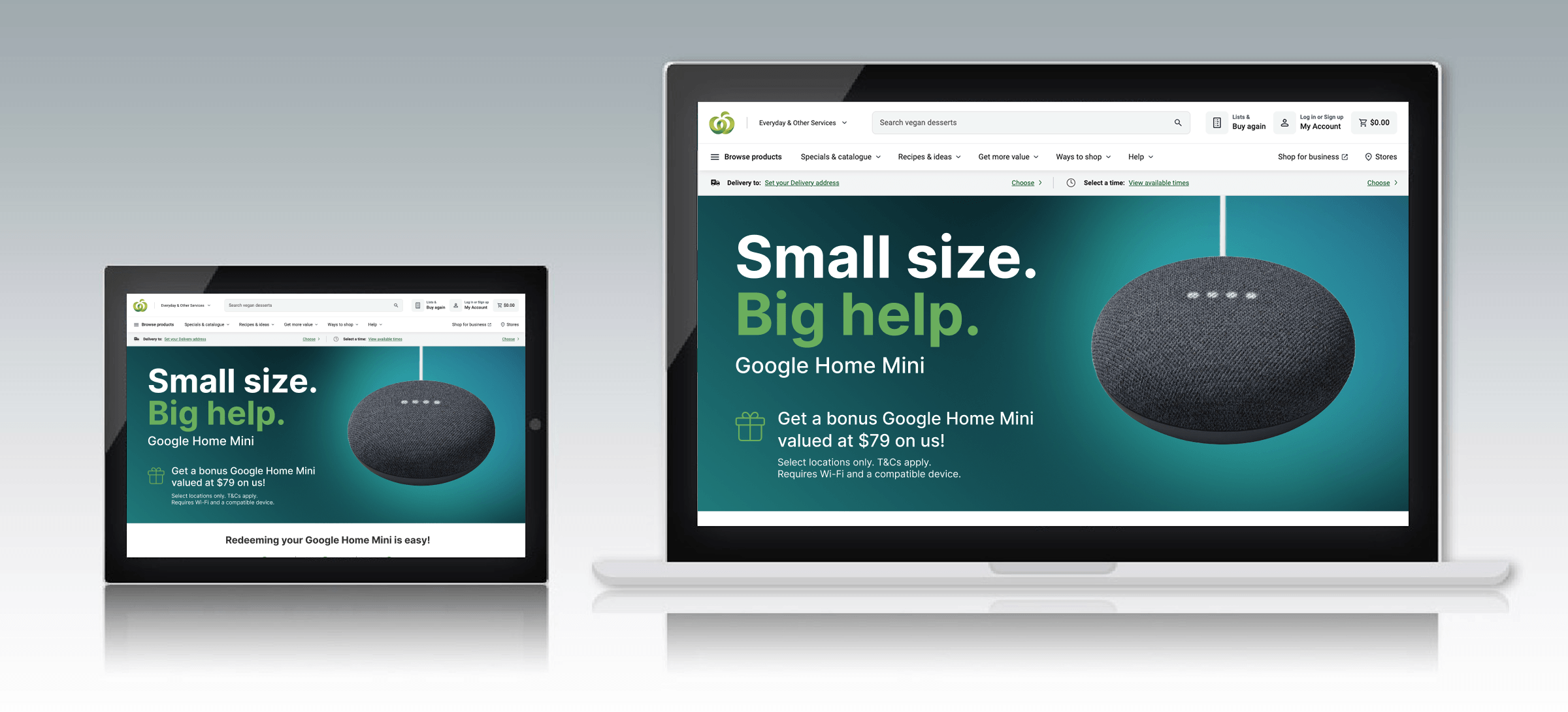 Laptop and tablet display offer for bonus Google Home Mini valued at $79 with purchase.