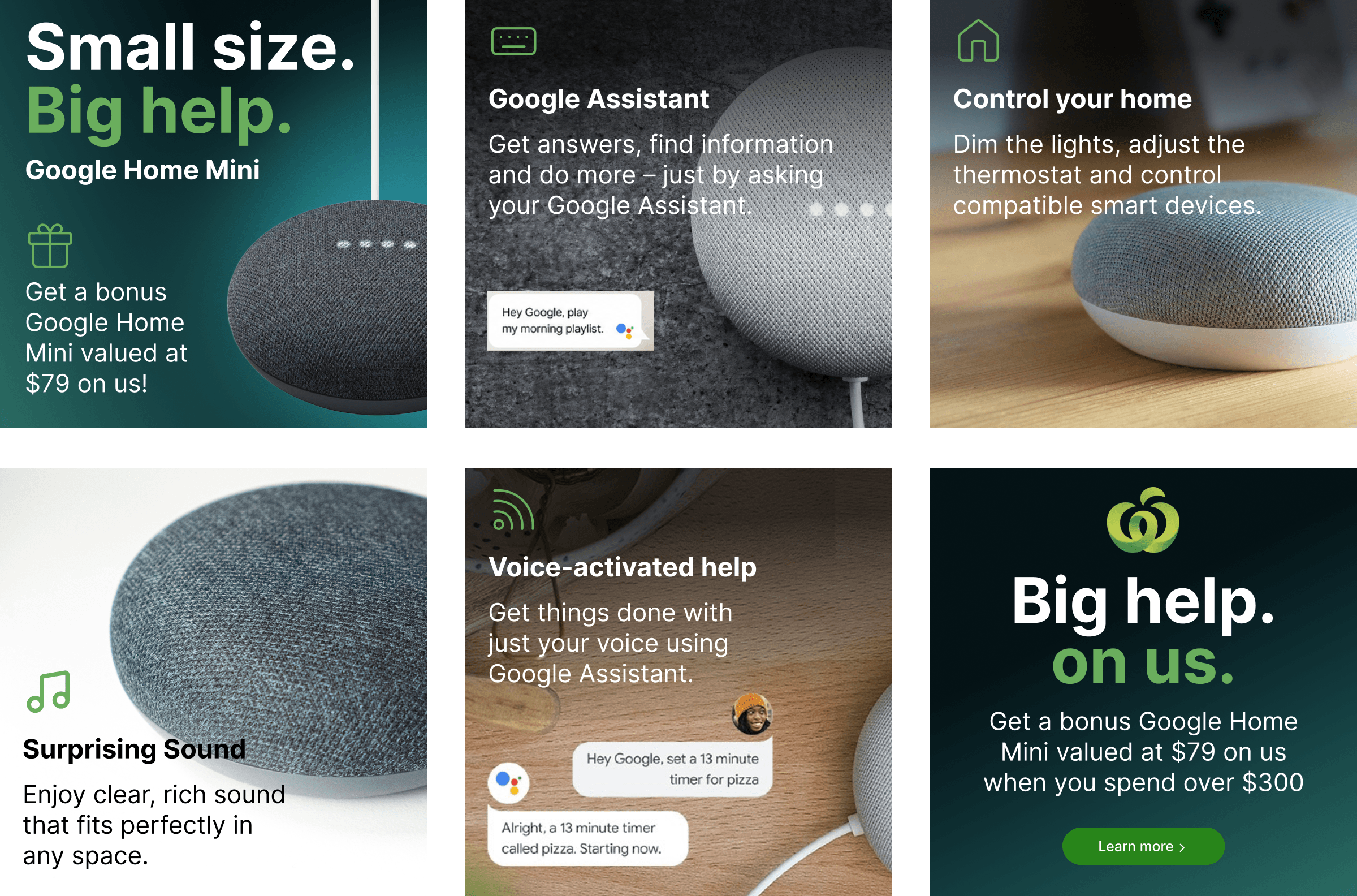 Google Home Mini features: voice control, smart home, clear sound, and bonus offer at $79 with $300 spend.