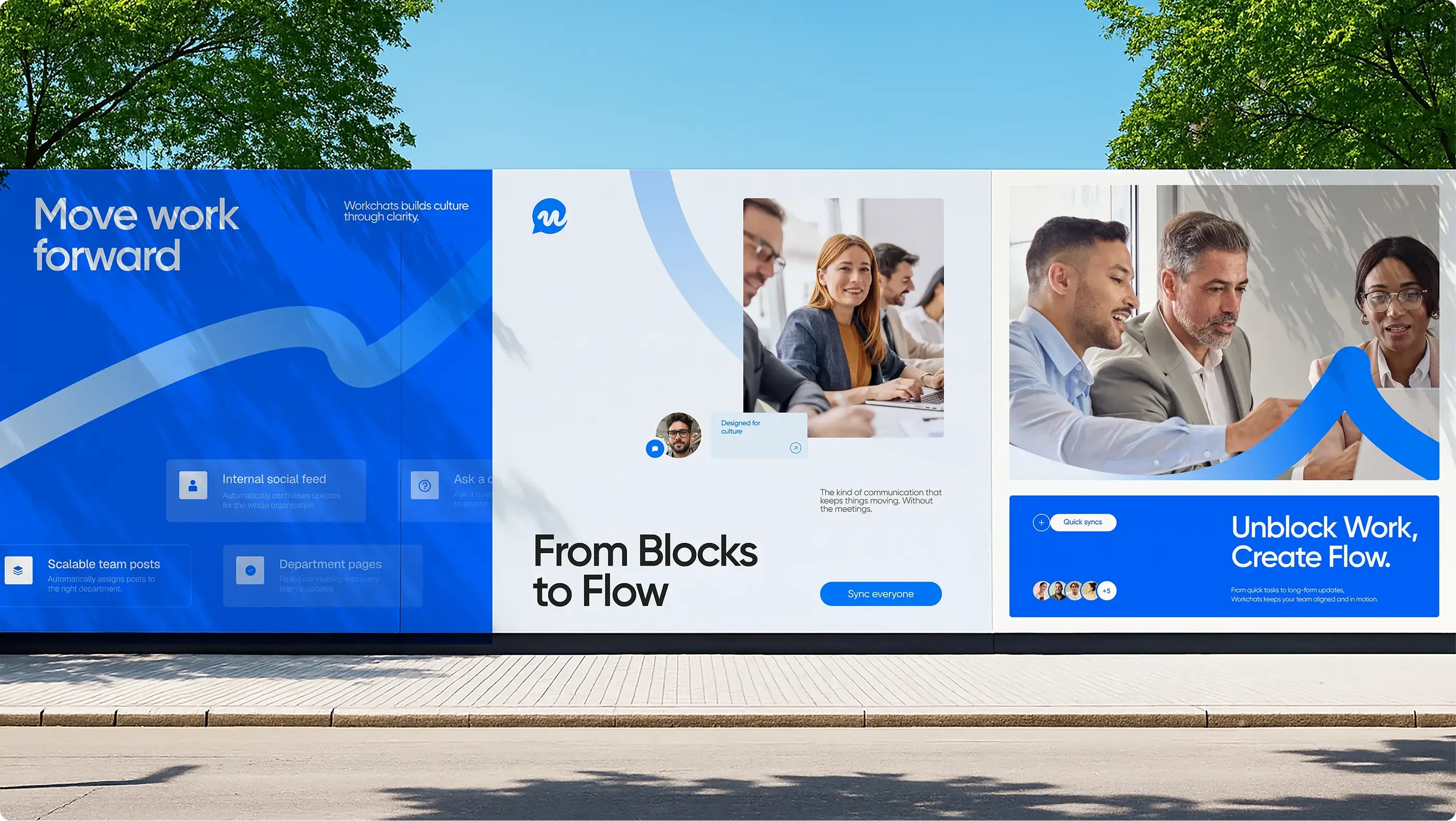Outdoor wall advertisement showcasing Workchats with phrases about improving work flow, plus images of diverse people collaborating in an office.