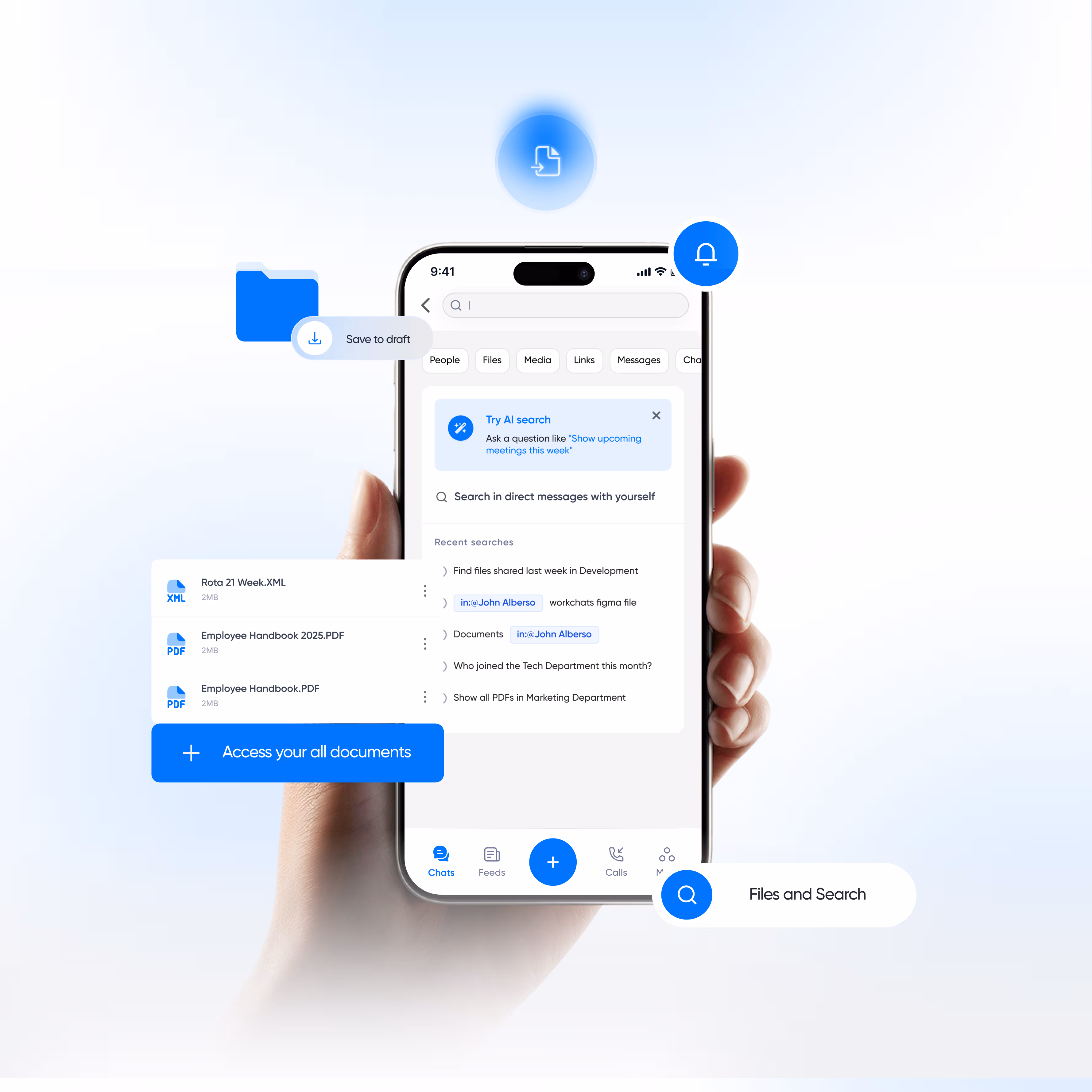 A hand holds a smartphone displaying a search interface with AI search suggestions. Icons on screen indicate options for file access and notifications. Elegant, modern design.