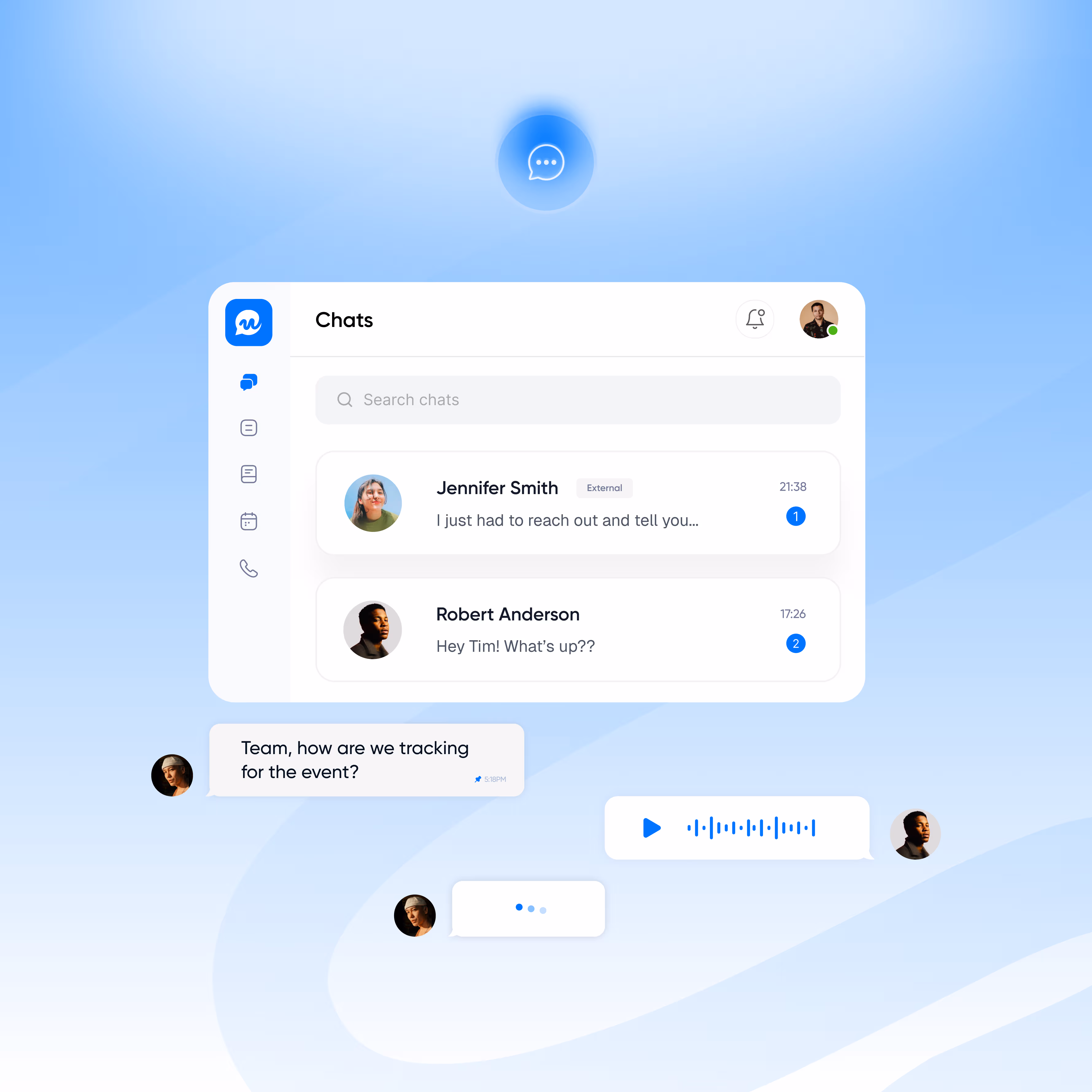 A digital chat interface on a blue gradient background shows two message previews from different users, icons on the side, and active chat bubbles below.