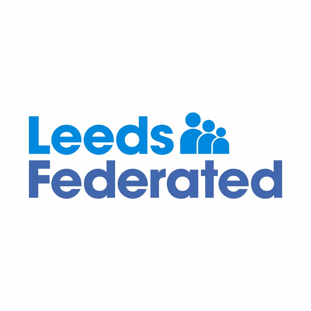 Logo with the words 'Leeds Federated' in blue shades next to a blue icon of three abstract human figures.