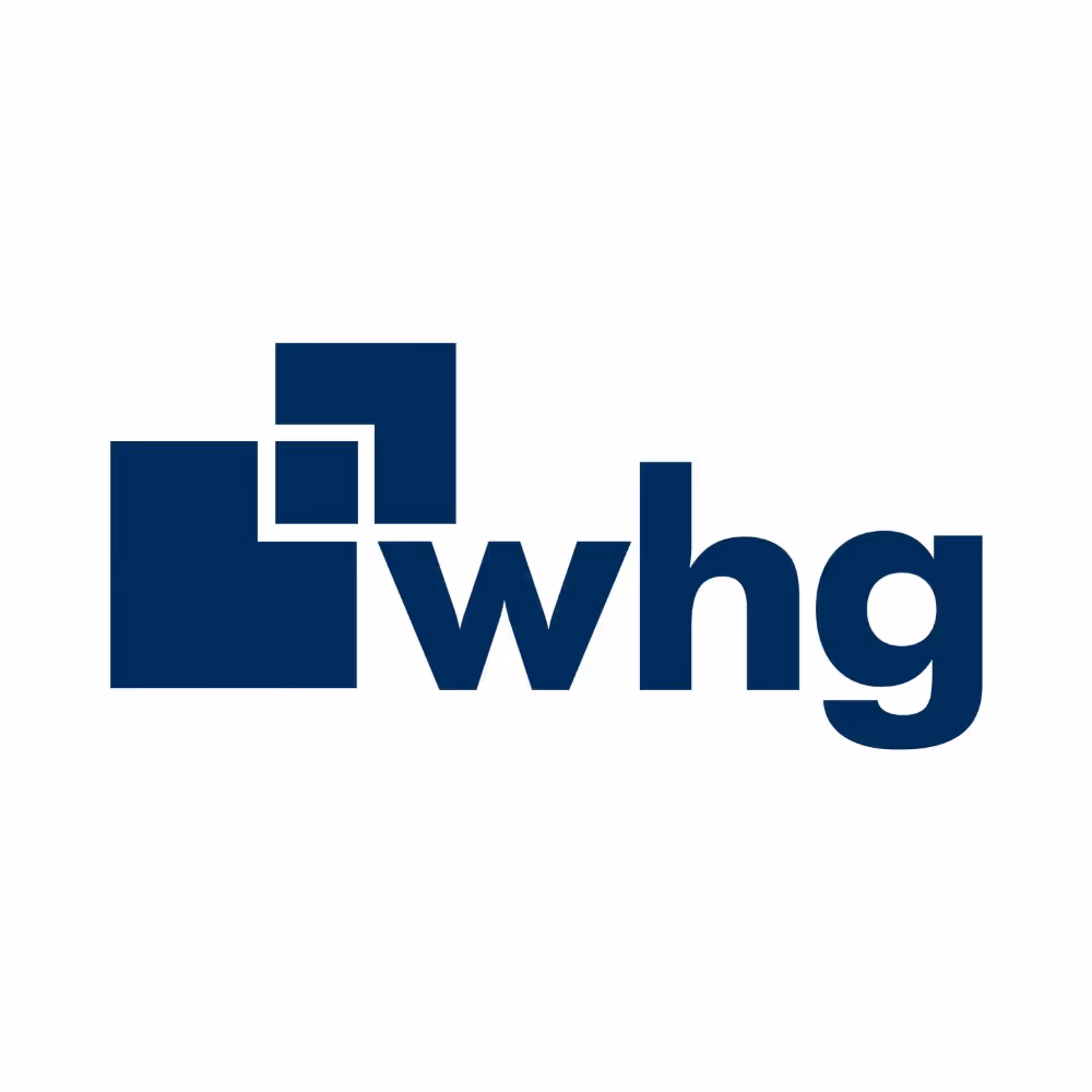 Logo with three dark blue overlapping squares and lowercase letters 'whg'.