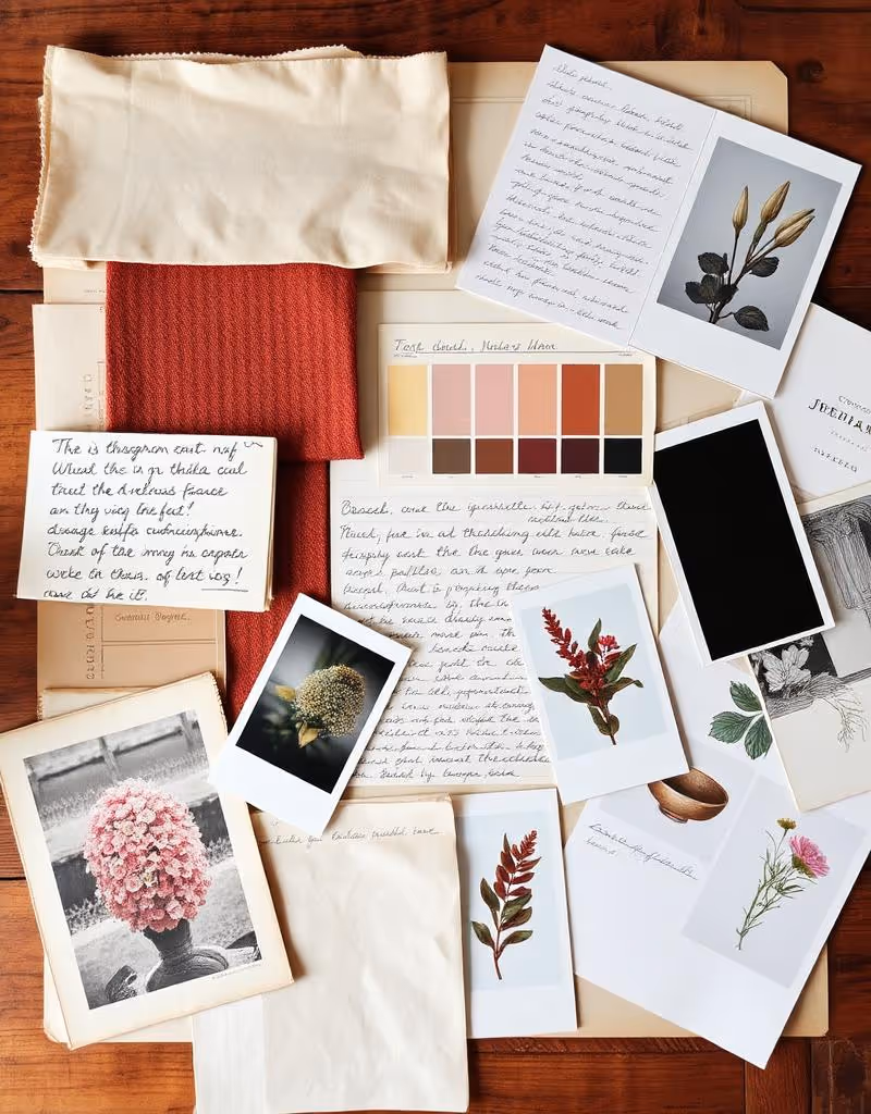 Flat lay of fabric swatches, handwritten notes, botanical photos, a color palette, and vintage-style flower prints on a wooden surface.