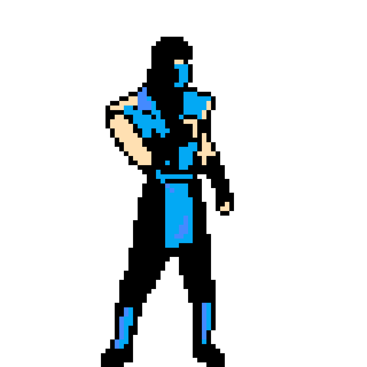 Pixel art character in blue outfit and black mask with crossed arms.