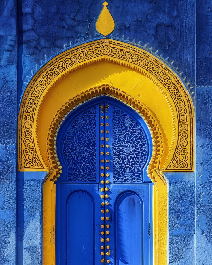 Ornate blue door with intricate patterns framed by a yellow arch with decorative details on a textured blue wall.