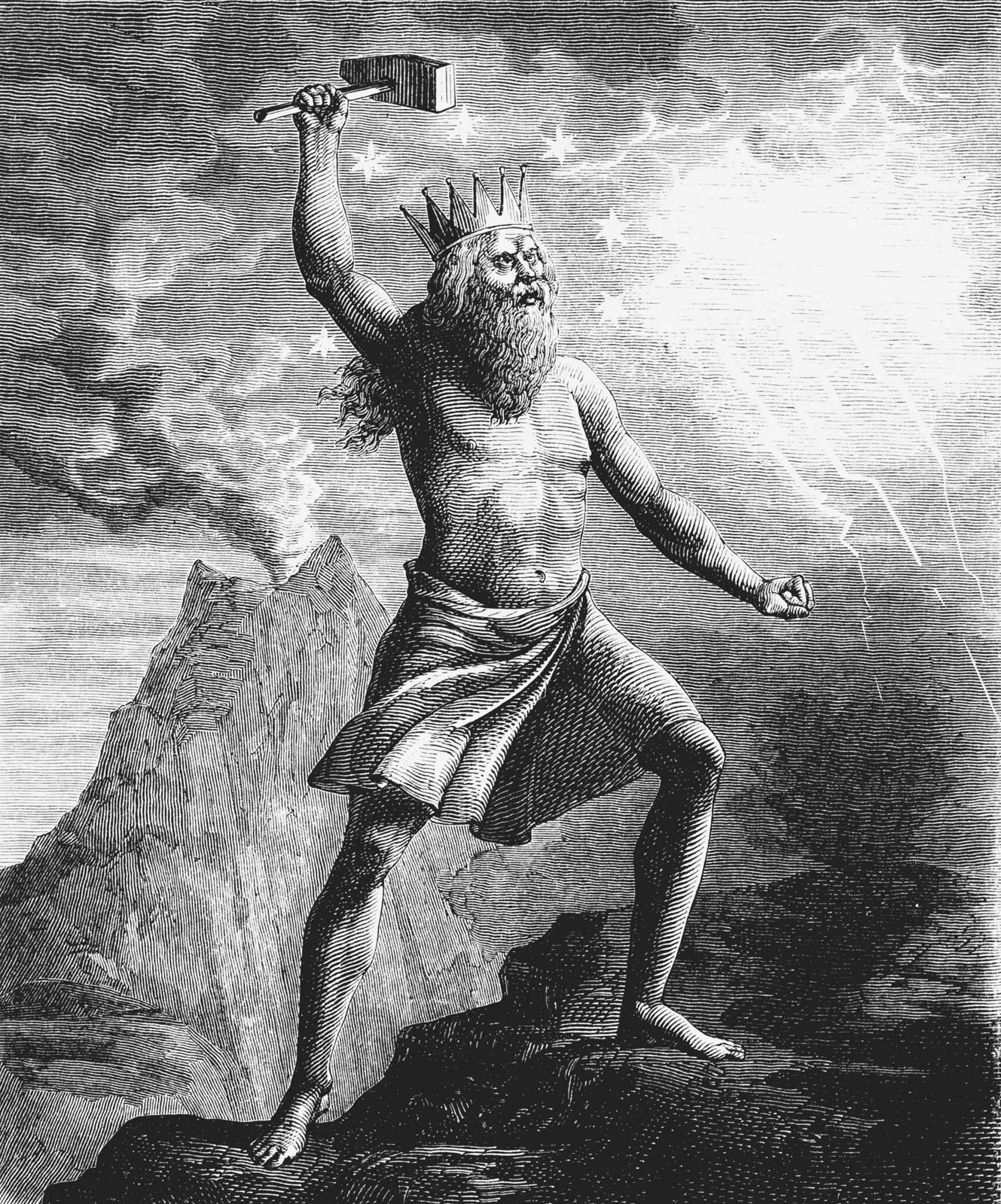 Black and white engraving of a muscular bearded man wearing a crown and loincloth, holding a hammer raised above his head, standing on rocks with a volcanic mountain and lightning in the background.