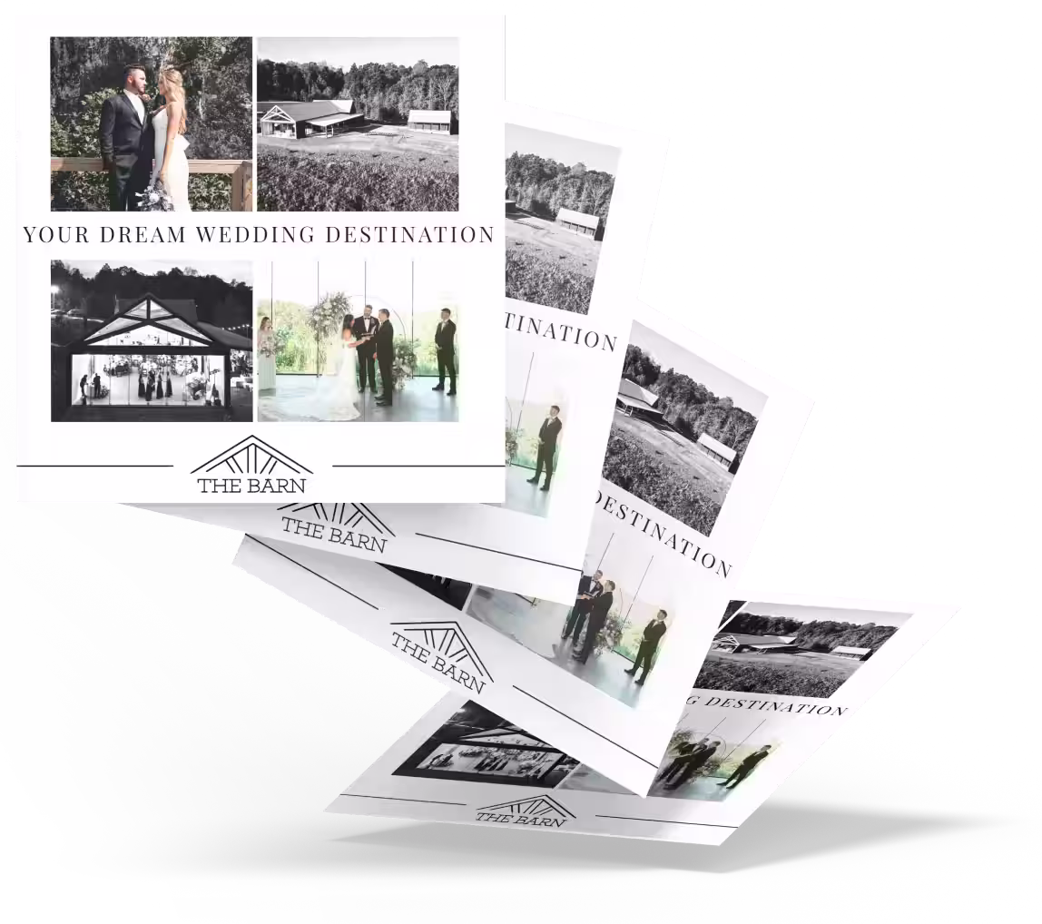 Brochure featuring a bride and groom, wedding ceremony, a barn venue, and text saying 'Your Dream Wedding Destination' with The Barn logo.
