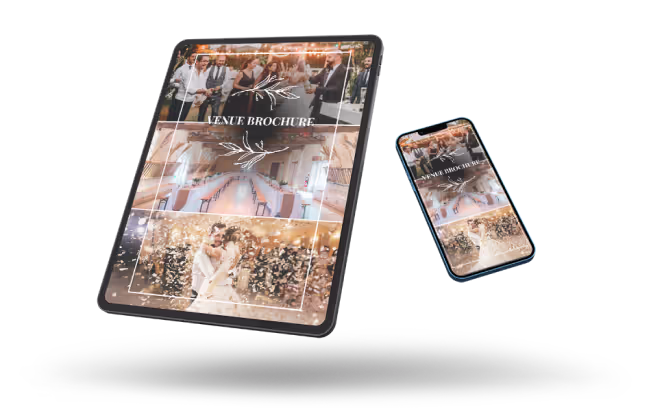 Tablet and smartphone displaying a venue brochure with images of a wedding ceremony, reception hall, and a bride and groom kissing.