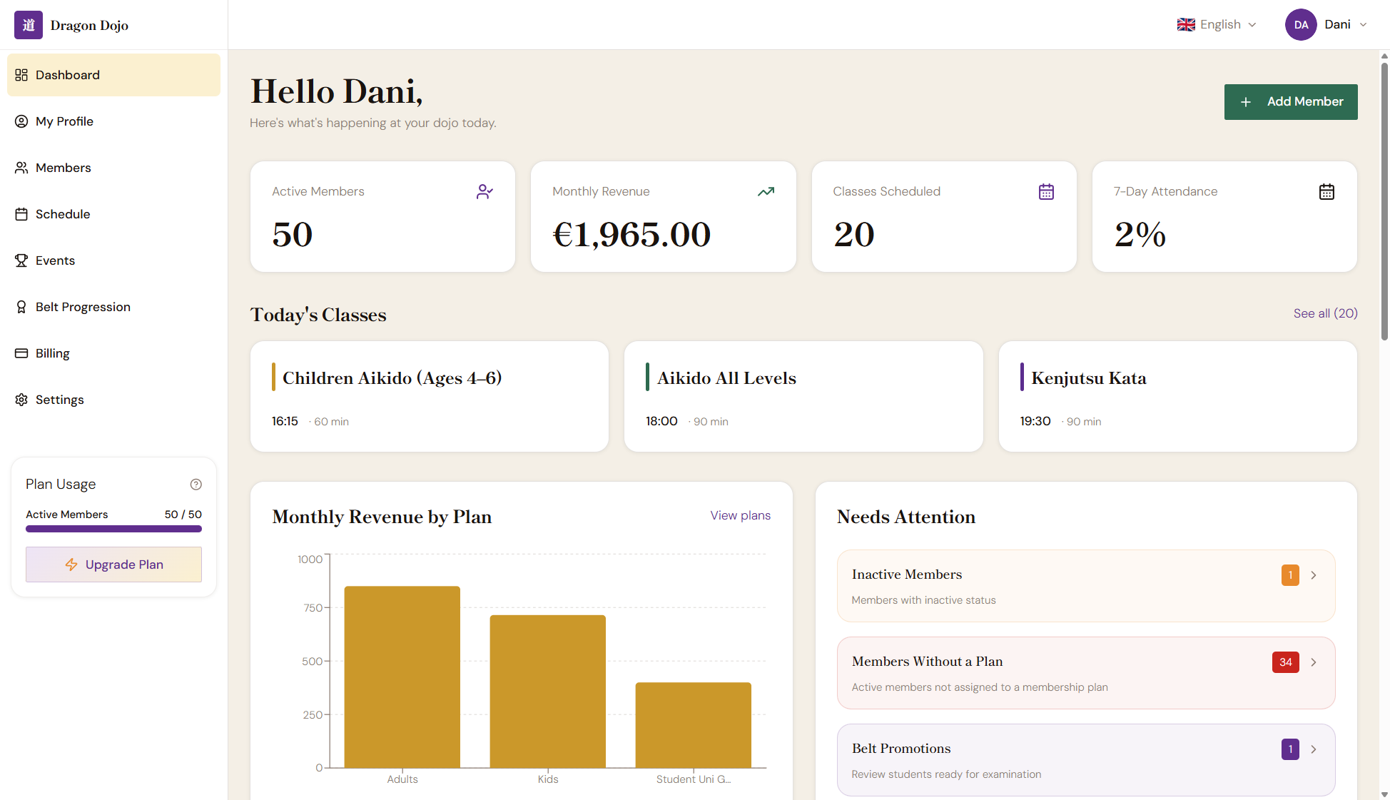 Dojo management app screen displaying dashboard