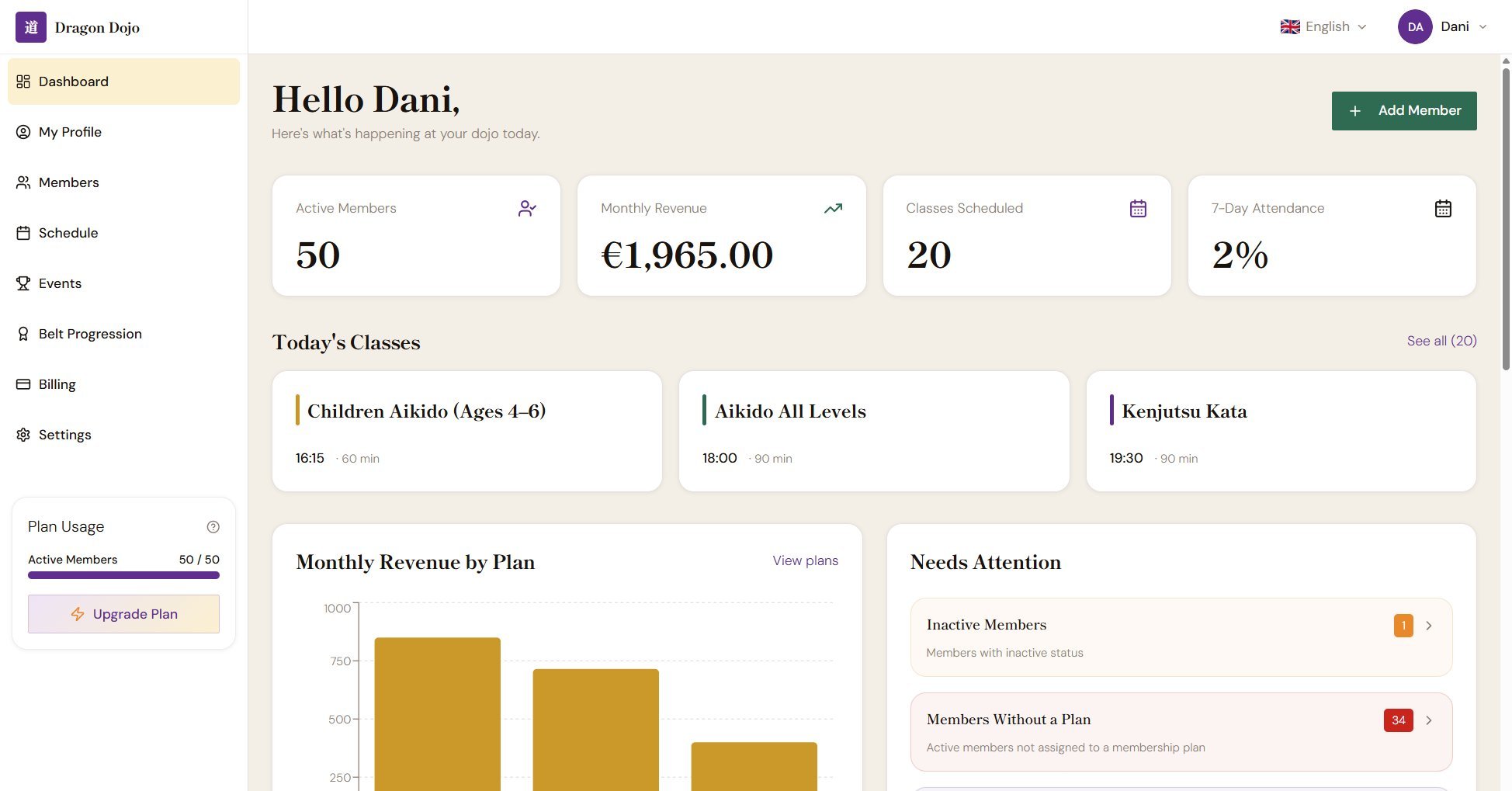 DojoMaster dashboard showing today's classes, member overview, and recent attendance