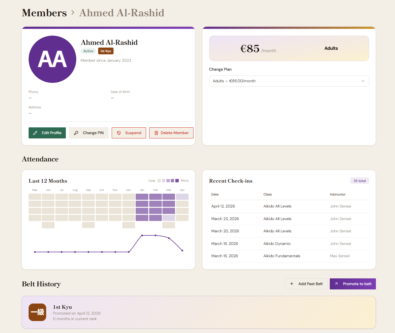 DojoMaster member profile showing student name, belt rank, attendance heatmap, and membership status