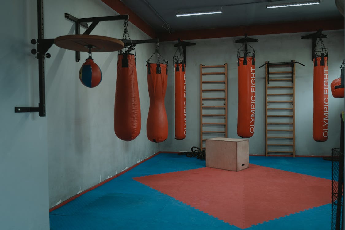 Row of hanging punching bags inside a martial arts gym equipped for combat training, representing the equipment costs every dojo must budget for