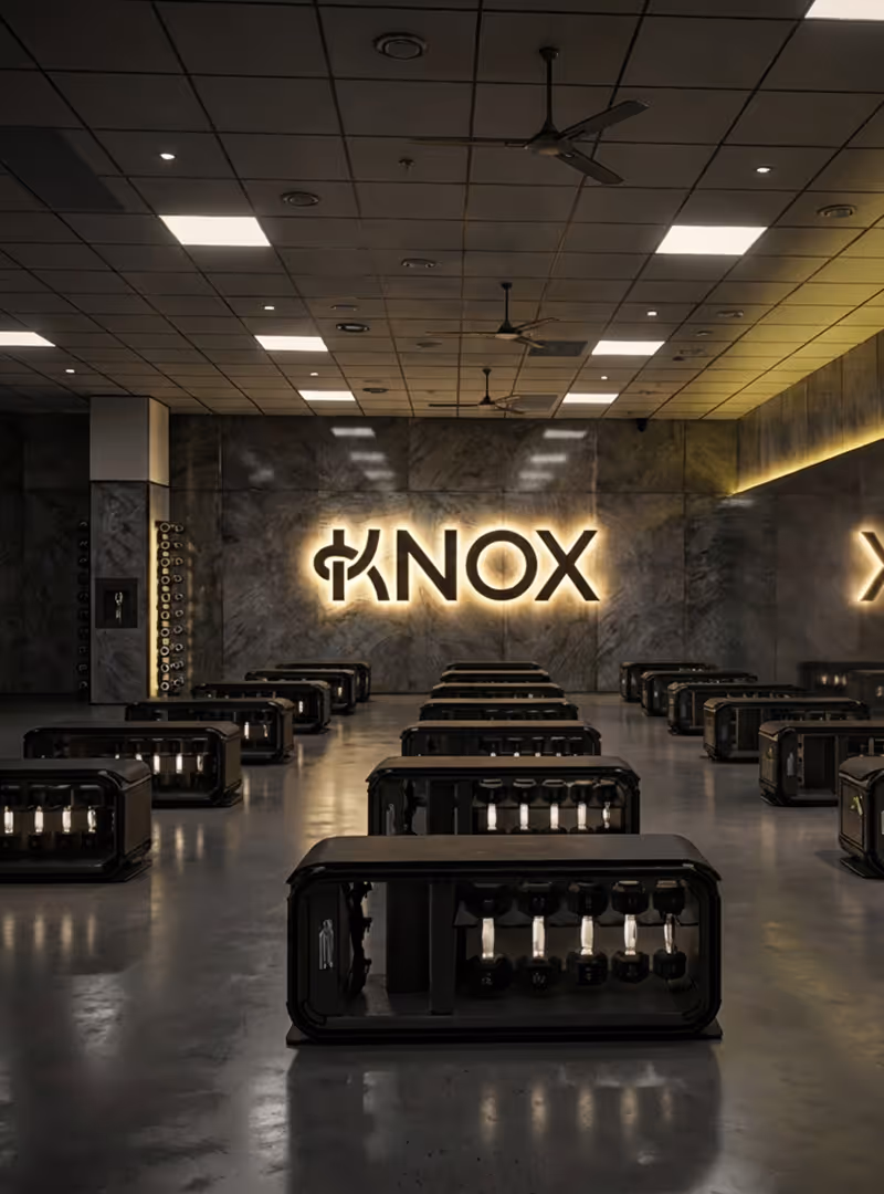 Wnętrze nowoczesnej siłowni z ciężarkami i podświetlanym napisem KNOX na ścianie.