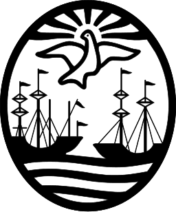 Escudo ovalado con dos barcos de vela en el agua debajo de una paloma en vuelo.