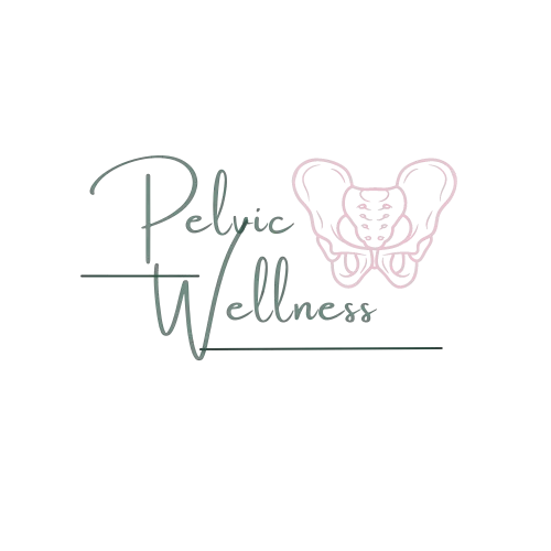 Logo with text 'Pelvic Wellness' and an outline illustration of a pelvic bone in pink.