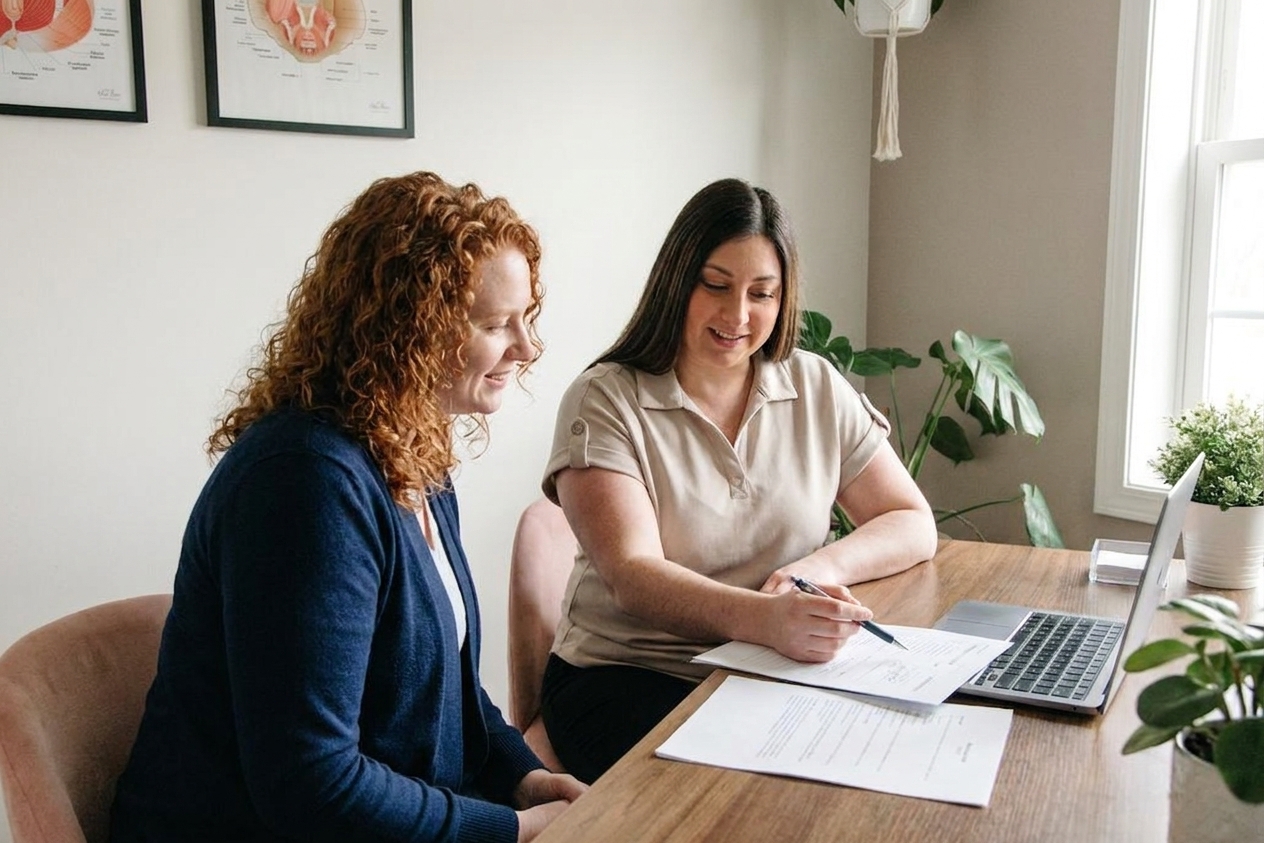 Patient working with a pelvic floor occupational therapist on breathwork and movement exercises at a pelvic wellness clinic in Midland, MI