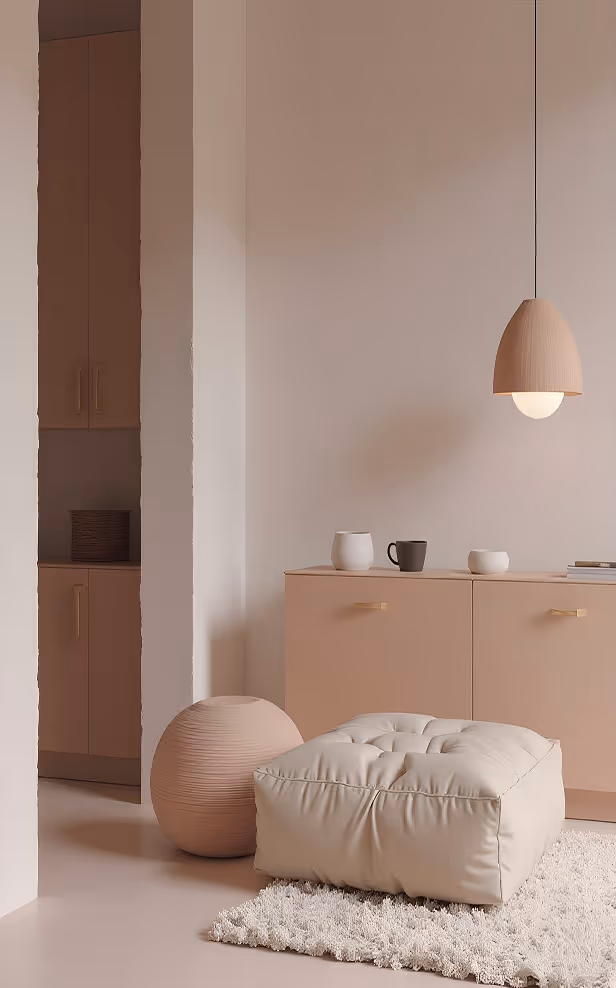 Minimalist beige living space with a tufted cream pouf on a textured rug, a round textured ball, a beige cabinet with cups on top, and a hanging pendant light.