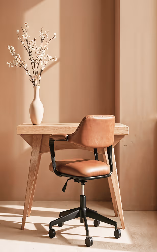 Minimalist wooden desk with a beige vase holding white flowers and a brown leather office chair with black legs on a beige carpet.
