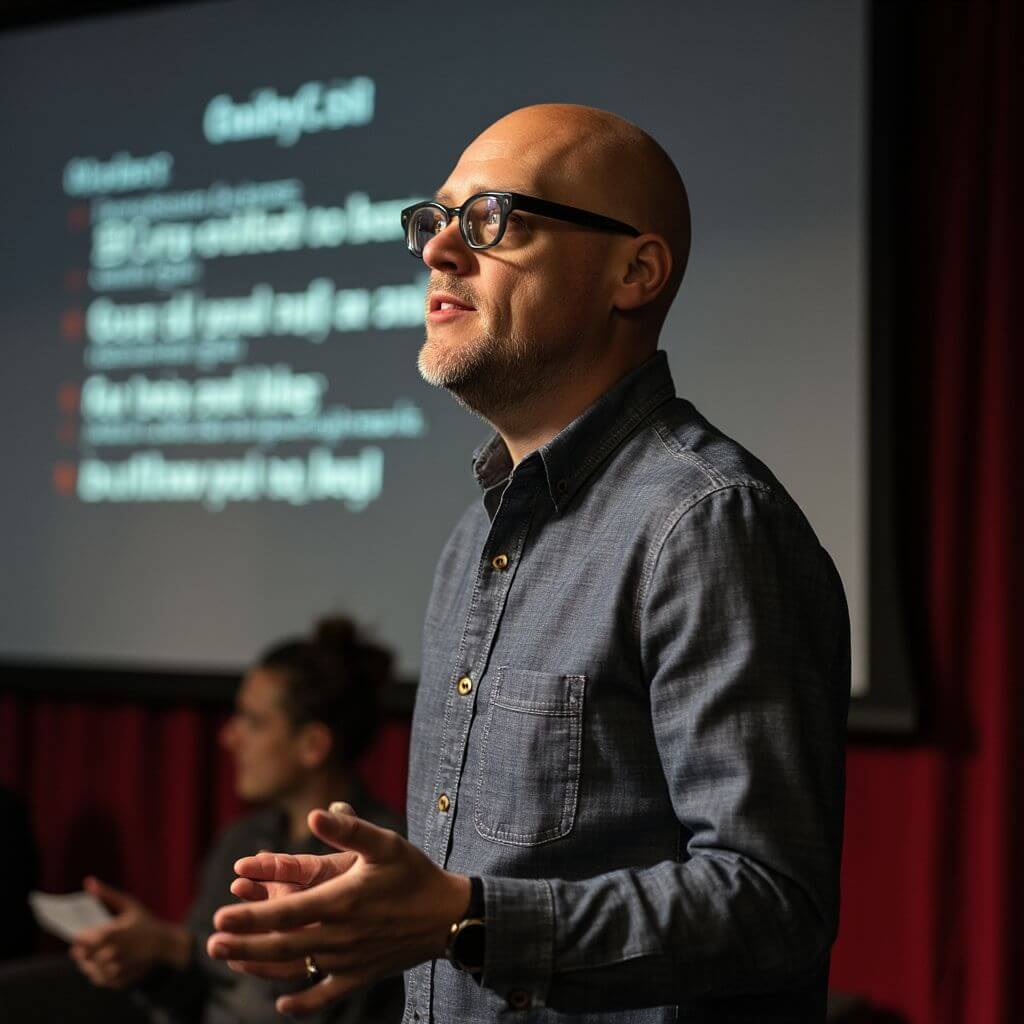 James Ellis giving a presentation with a blurred slide in the background.