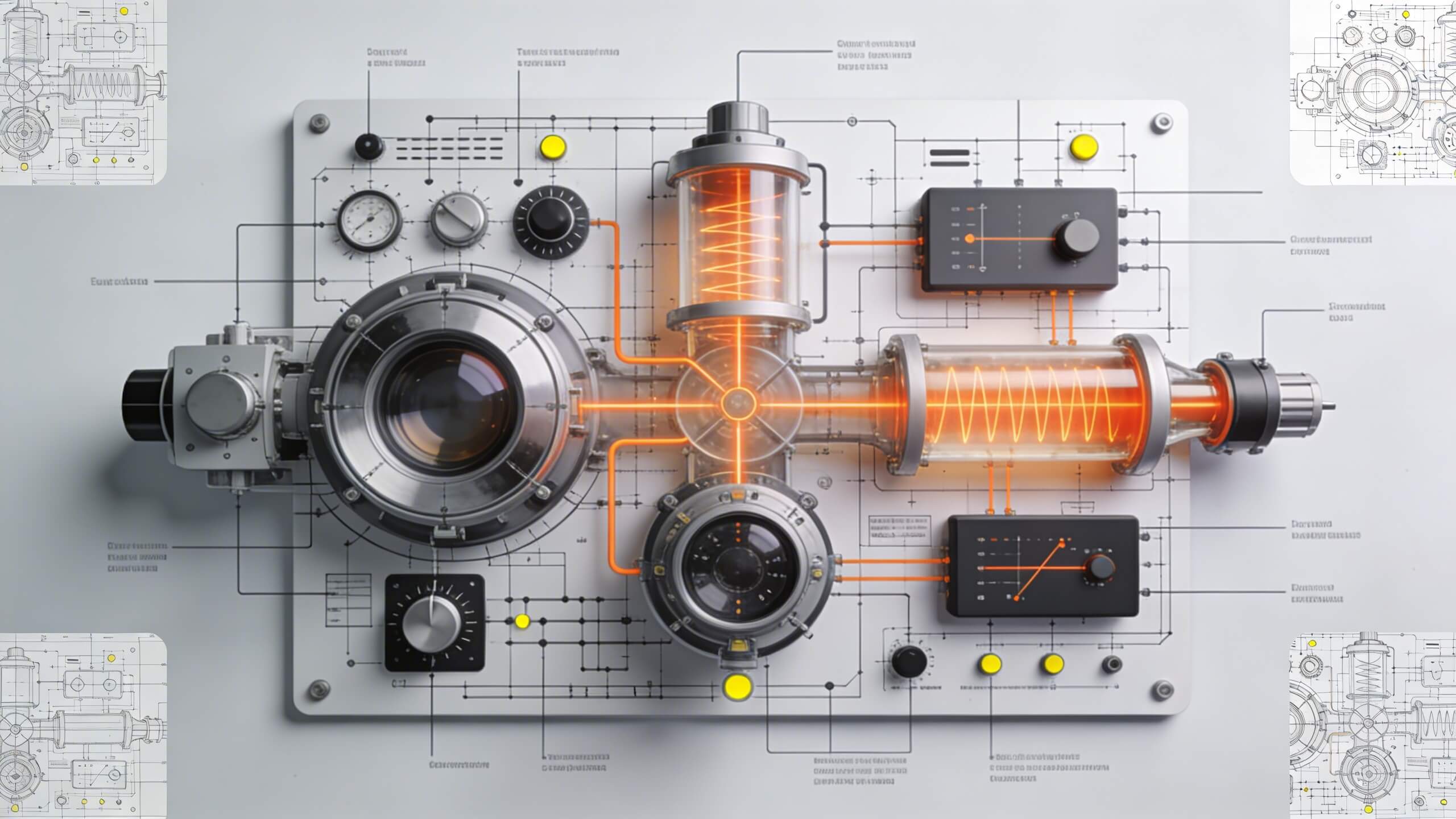 Futuristic control panel with interconnected glass tubes, knobs, dials, and glowing orange circuit lines on a white schematic background.