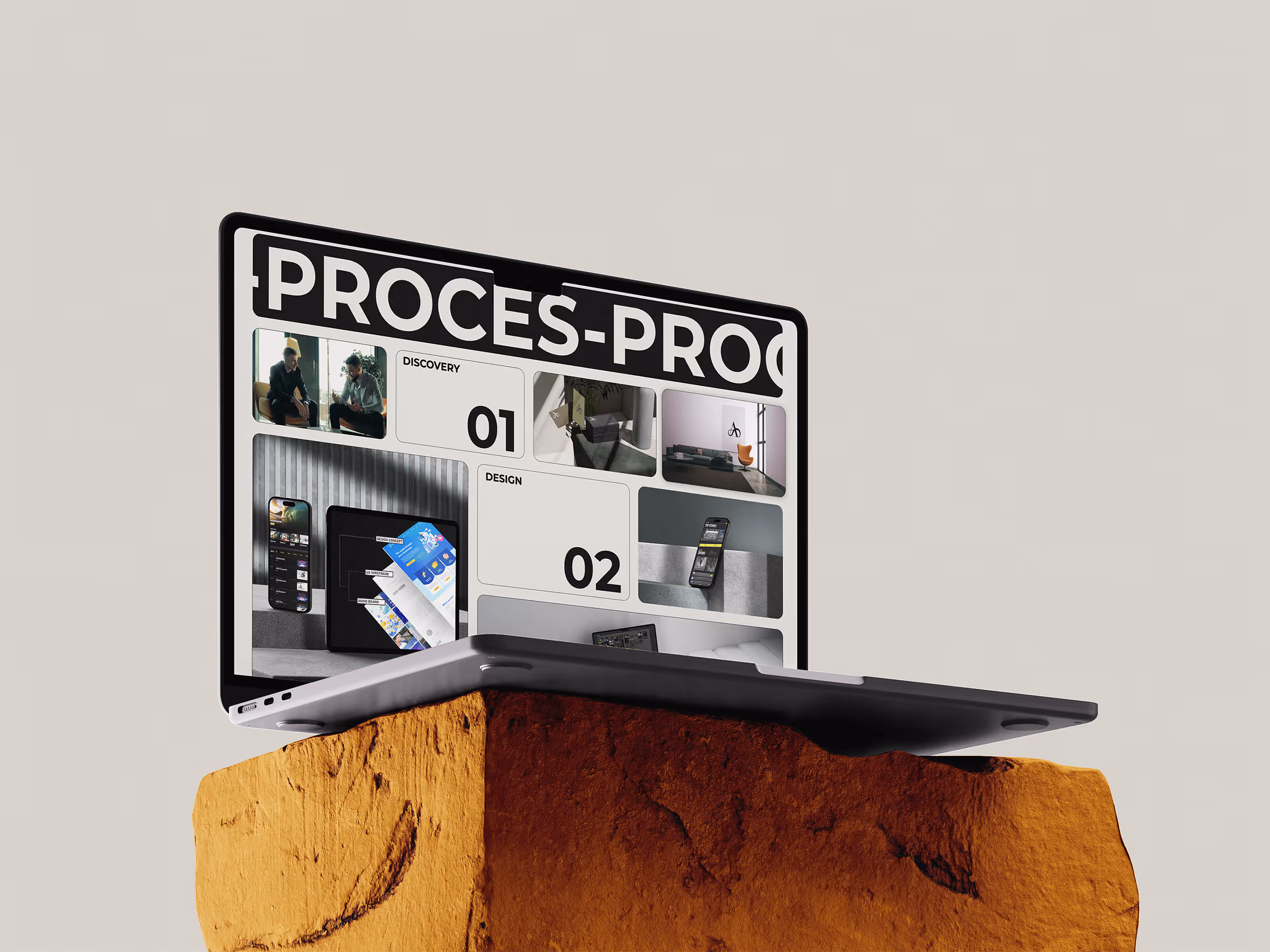 MacBook pe suprafata texturata afisand design de website modern