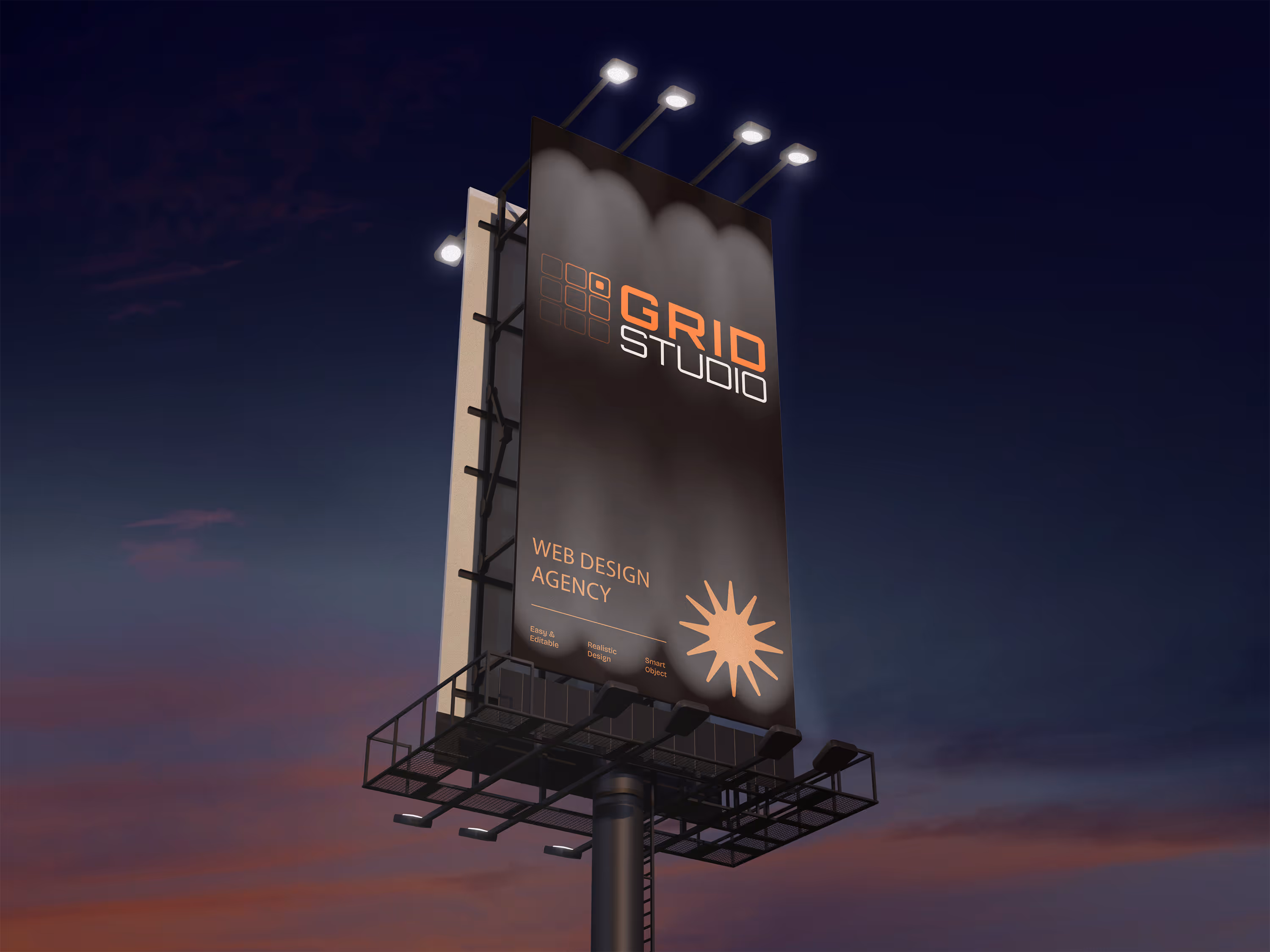 Panou publicitar nocturn cu design modern si iluminare ambientala