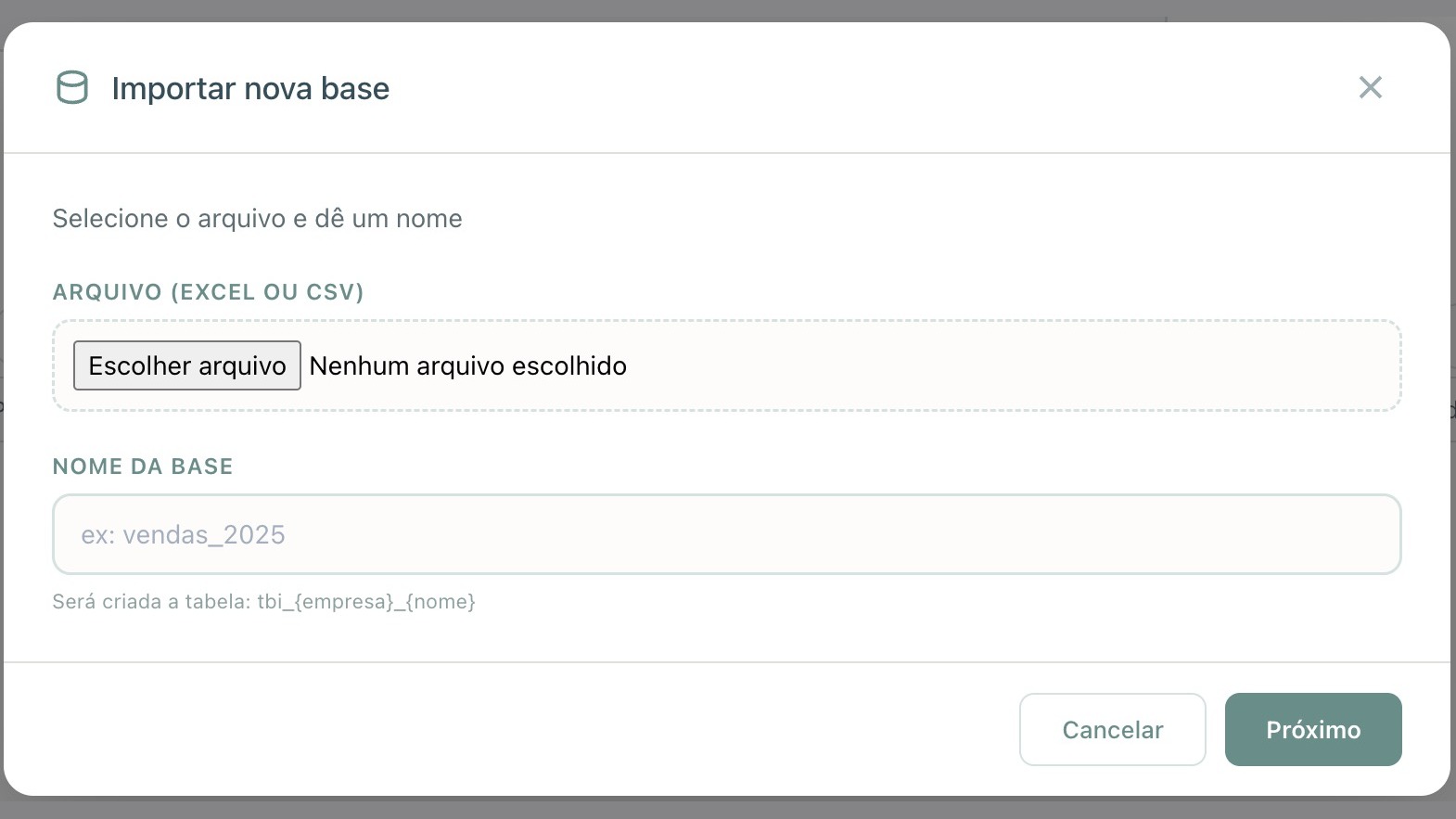 Tela de importação do DashGPT: escolher um arquivo Excel ou CSV e dar um nome à nova base