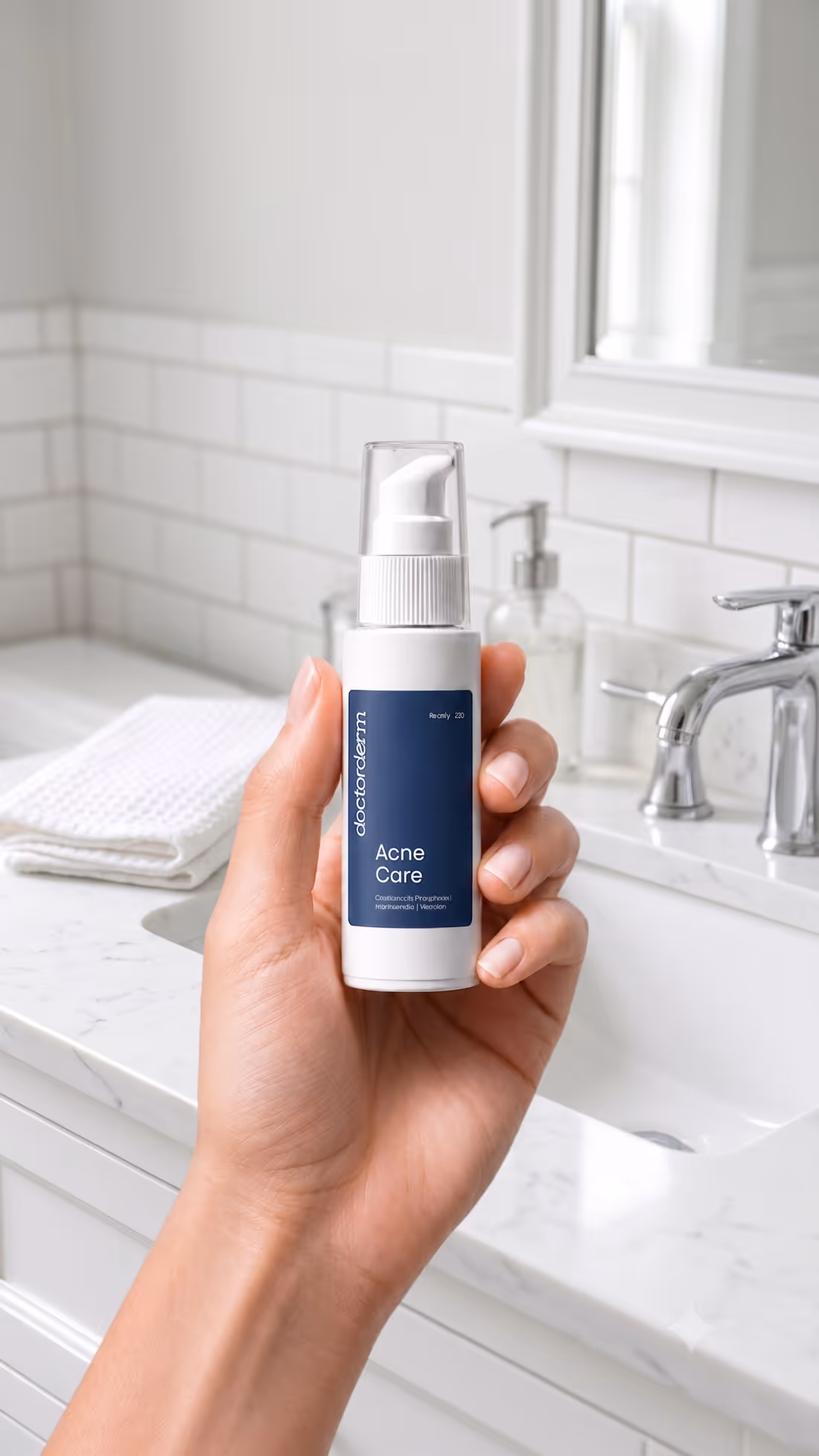 A hand holding DoctorDerm Acne Care on a bathroom counter