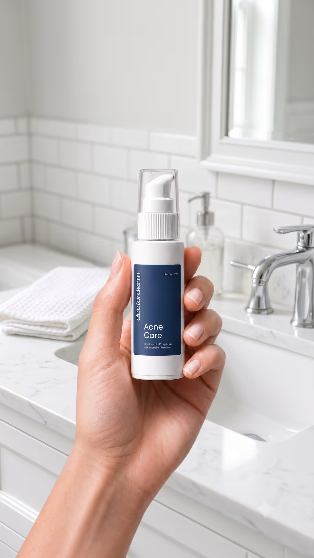 A hand holding DoctorDerm Acne Care on a bathroom counter