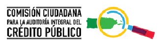Logo de Comision ciudadana para la auditoria integral del credito publico. Una lupa mirando a Puerto Rico