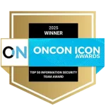 2023 ONCON Icon Winner award badge with blue ribbon banner