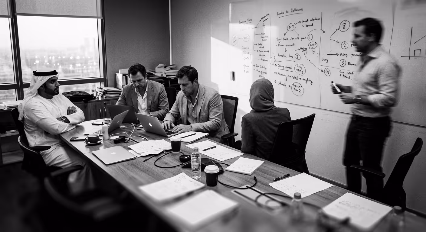 Team working session with whiteboard plans and laptops