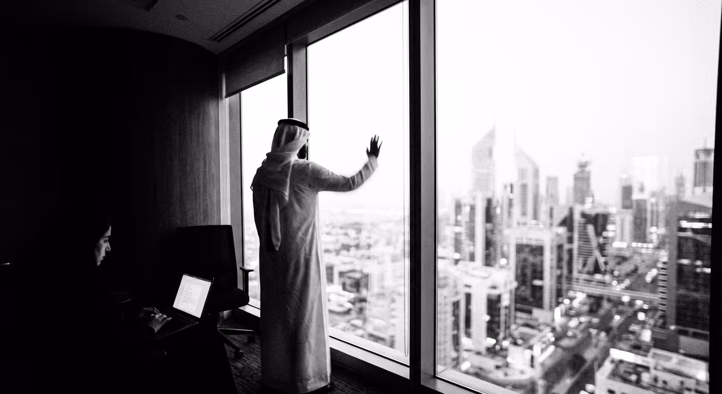 Man looking out over Gulf city skyline from office window