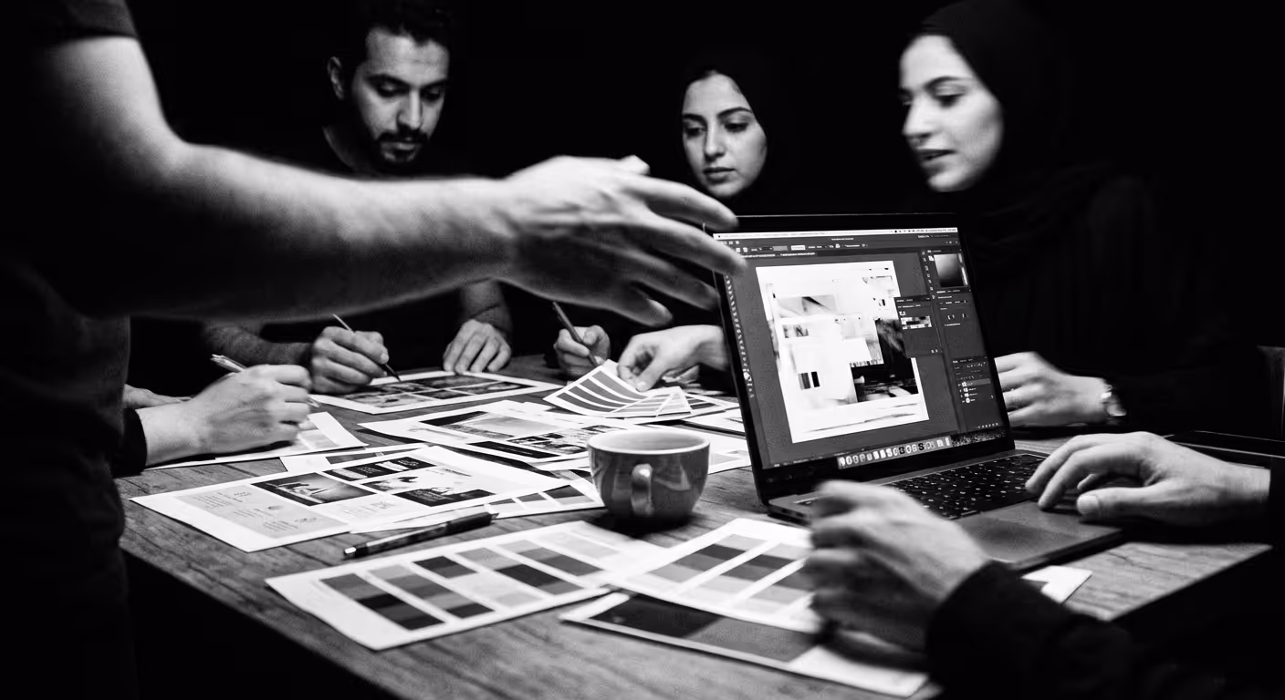 Creative team collaborating around screens and printouts