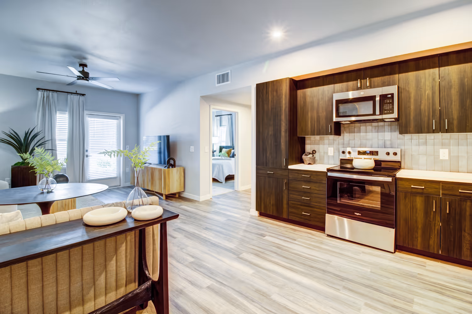 Kitchen with brown cabinets
