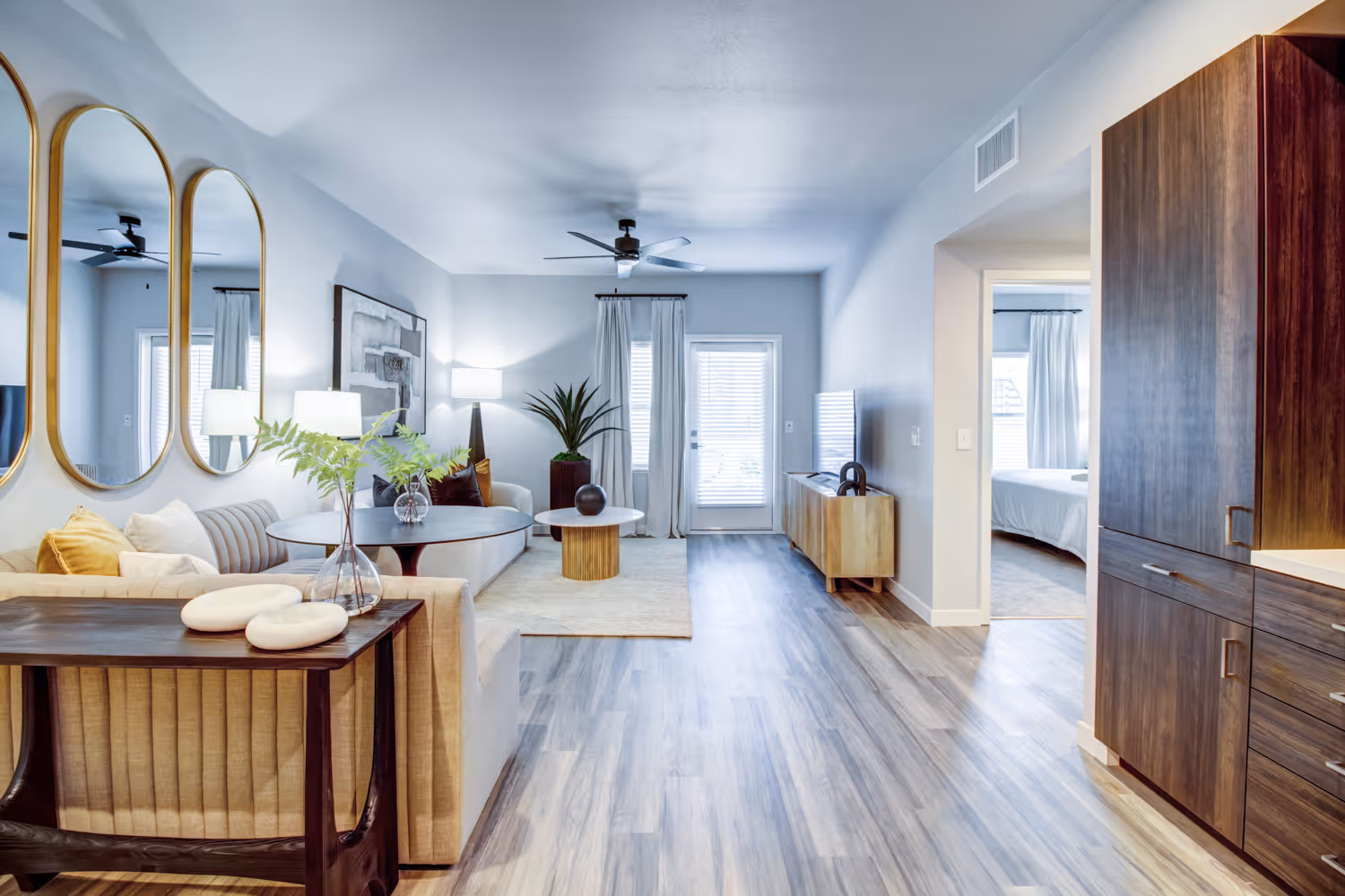 Living room and dinning room with wood style flooring