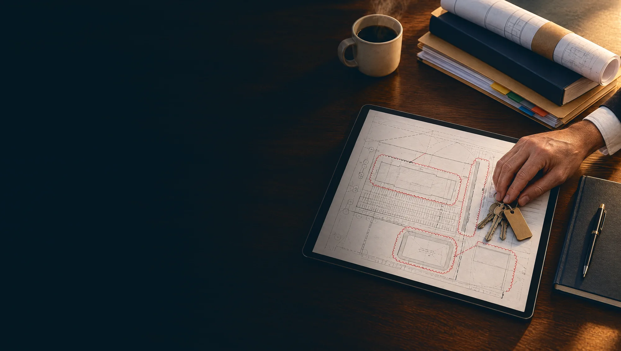 A hand setting a ring of building keys on a tablet showing a marked-up drawing, beside project binders, a rolled set of drawings and a notebook