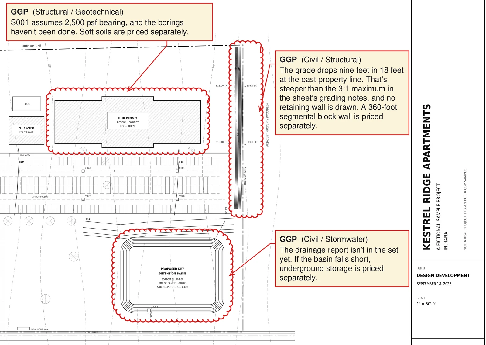 A grading plan from GGP's sample design review, marked up with three clouded items and GGP's notes