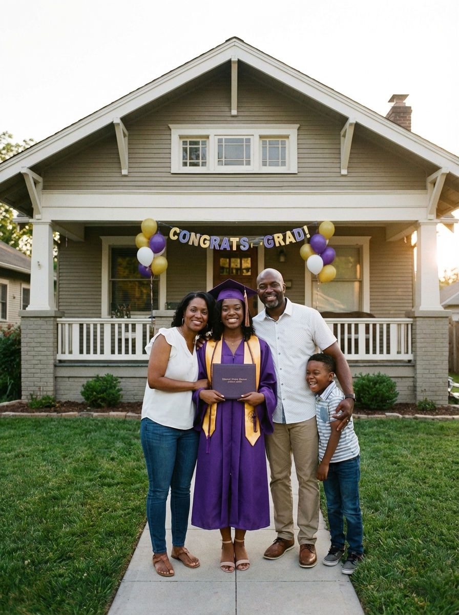 Smiling graduate in purple gown and cap stands with family outside a house decorated with Congrats Grad banner.