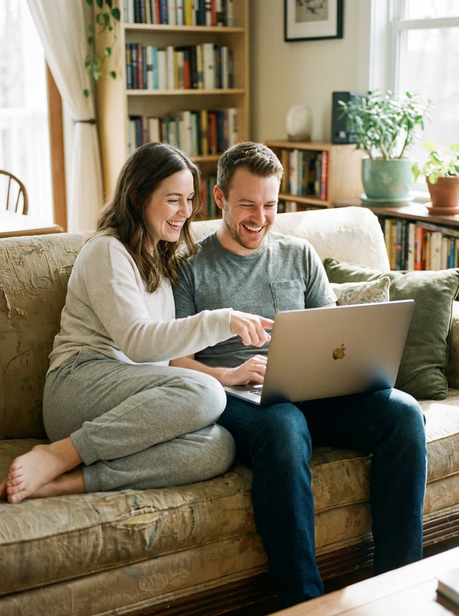 Smiling woman and man sitting on a couch looking at a laptop in a cozy room with bookshelves.