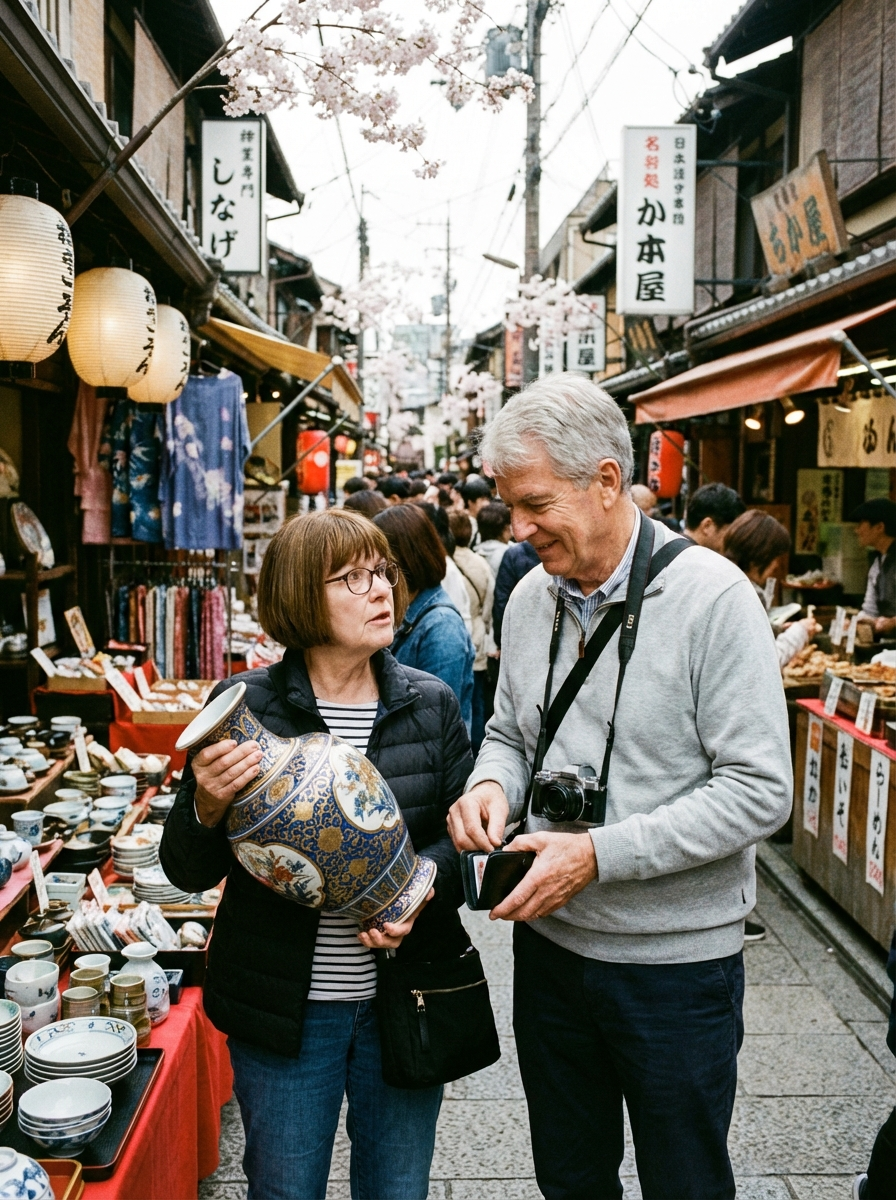 Older couple shopping for pottery in a busy Japanese market street with cherry blossoms overhead.